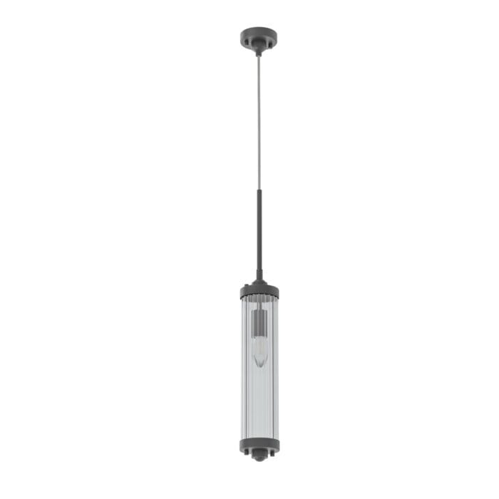 Lampa sufitowa wisząca Fiatto I w kolorze czarnym, o wymiarach 8,5x180 cm. Metalowy stelaż z przezroczystym kloszem w formie prostokątnym. Produkt zamontowany na cienkim przewodzie, widoczny z perspektywy frontalnej na białym tle.