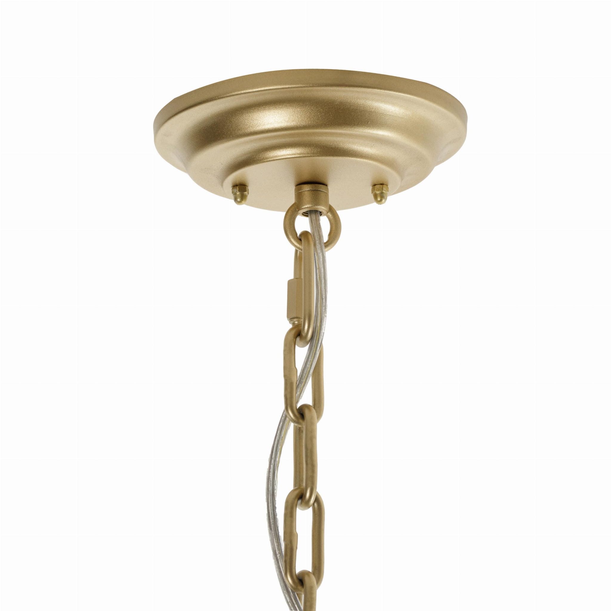 Designerska lampa sufitowa Geen S w złotym kolorze, wisząca, z metalowym mocowaniem. Ujęcie z góry, ukazujące elementy łańcucha oraz płaską podstawę. Produkt z wyraźnymi detalami mocowania i przewodami w kolorze złotym oraz srebrnym.