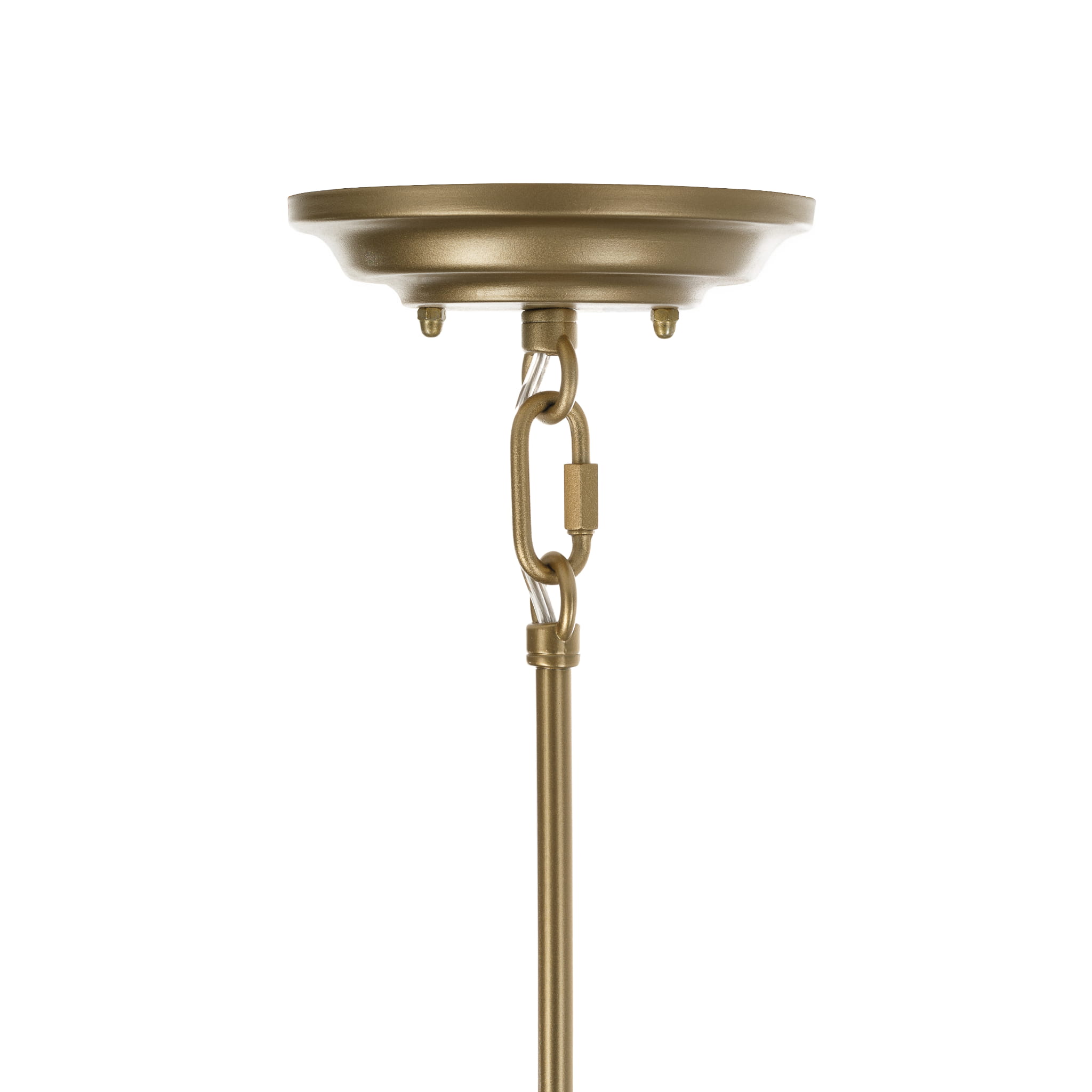 Stylowa lampa sufitowa Sol w kolorze złotym o średnicy 25 cm, wisząca z okrągłym, płaskim kloszem. Widać detal łączenia z metalowym łańcuchem oraz zawieszeniem. Produkt przedstawiony na jednolitym tle, z widokiem z dołu na klosz.