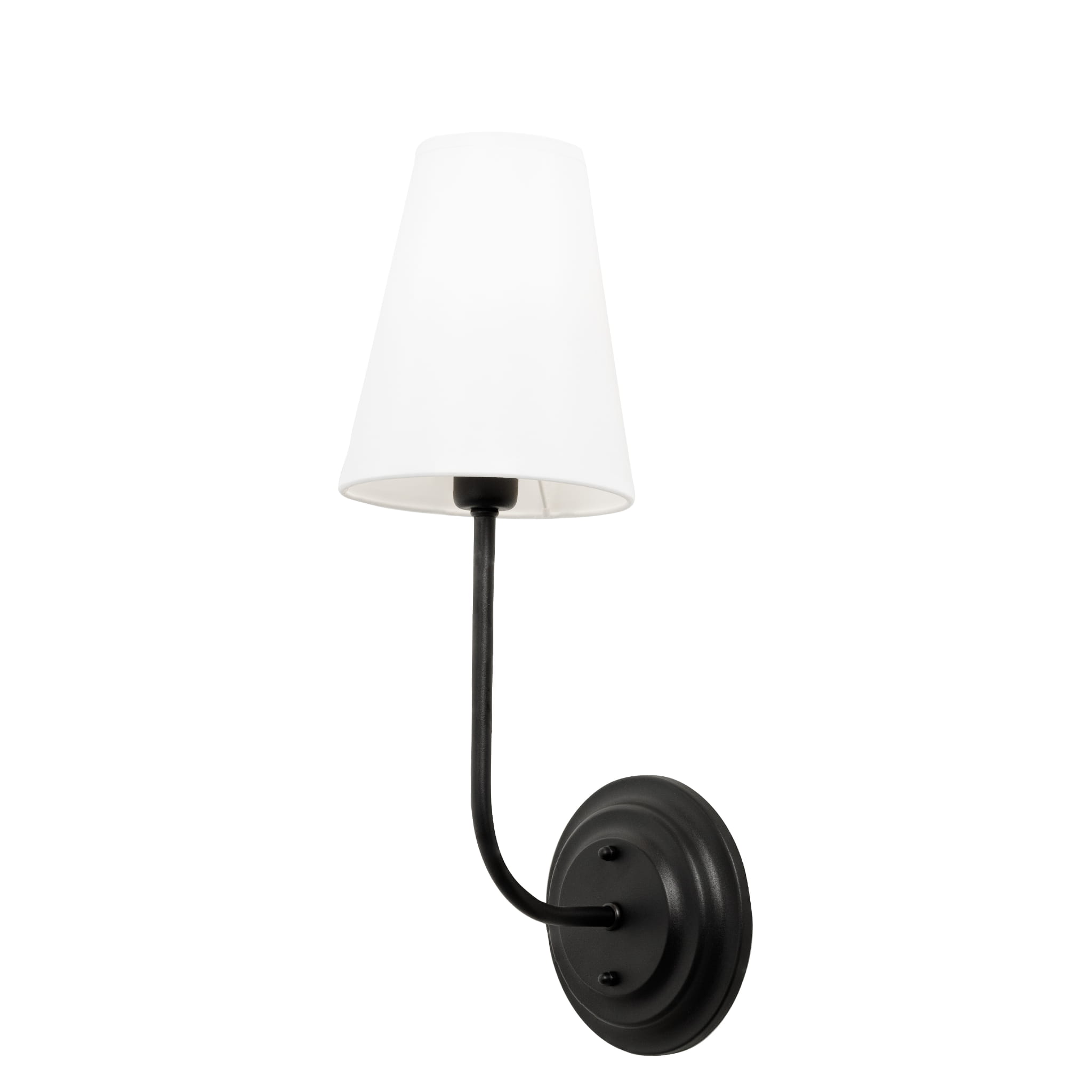 Kinkiet w stylu modern farmhouse, czarny, o wysokości 41 cm. Posiada stożkowy abażur w kolorze białym oraz okrągłą, czarną podstawę. Produkt montowany na ścianie, widoczny z boku na jednolitym, białym tle. Czyste linie, minimalistyczny design.