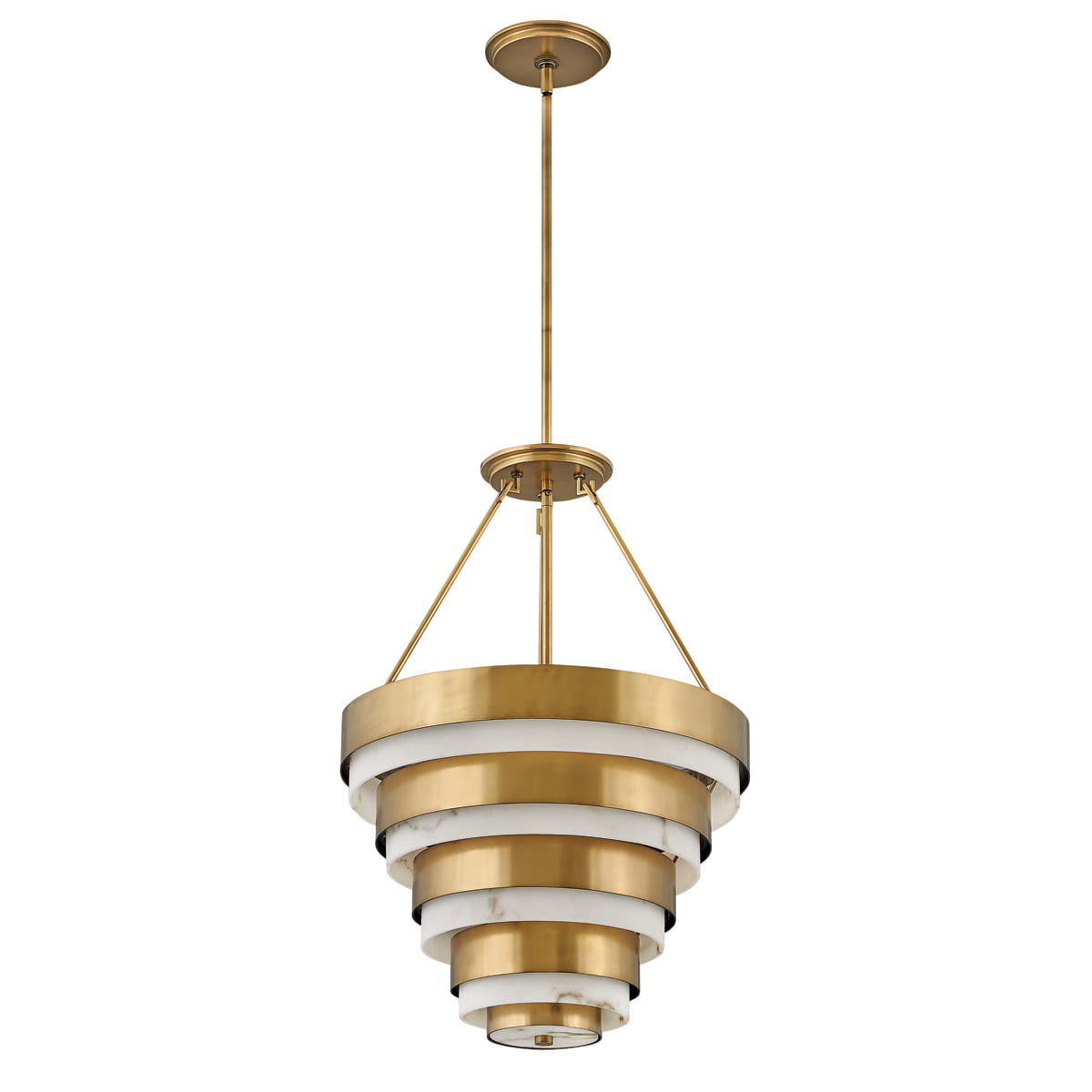 Lampa sufitowa Parma M, żyrandol z pięcioma poziomami w formie stożków, wykonana z metalu w kolorze złotym oraz białego szkła. Wisi na cienkim, złotym przewodzie. Wymiary: 67,4x45,5x150,2 cm. Słabe tło sprawia, że produkt jest dobrze widoczny.