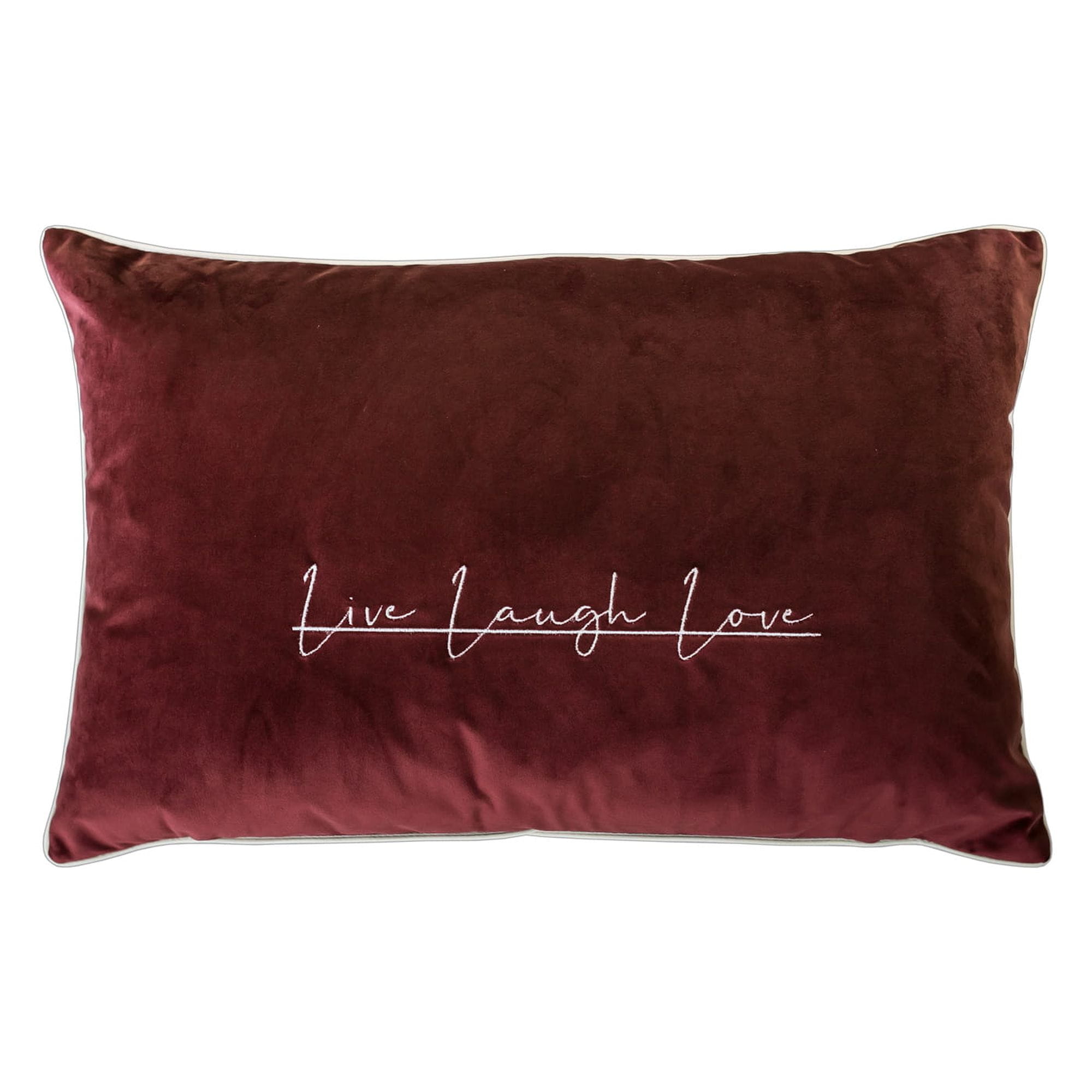 Poduszka prostokątna w kolorze burgundowym, pokryta miękkim materiałem z haftem Live Laugh Love w białym kolorze, umieszczonym na środku. Produkt leży płasko na białym tle.