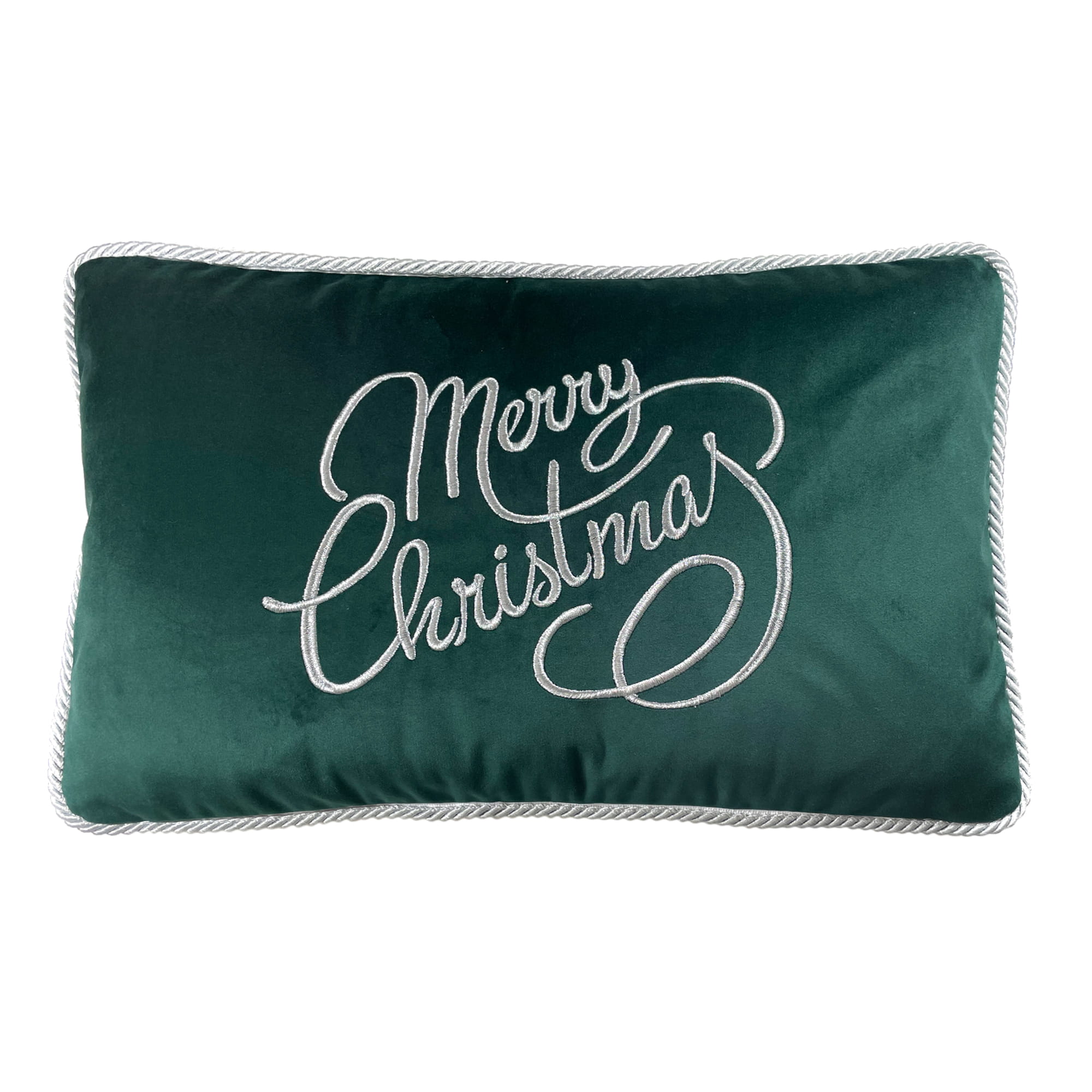 Poduszka haftowana dekoracyjna w kolorze butelkowej zieleni z napisem Merry Christmas w białym, eleganckim haftem. Produkt leży na białym tle, z ozdobnym, sznurowym wykończeniem wokół. Wymiary poduszki sugerują komfortowe użytkowanie.