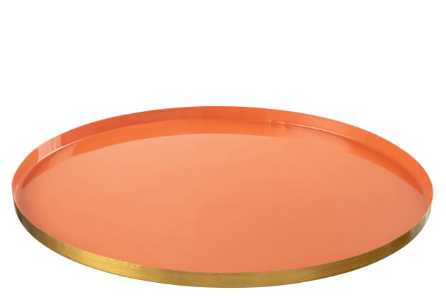 Taca metalowa Koraal o średnicy 40 cm, w intensywnym pomarańczowym kolorze z połyskującą powierzchnią. Posiada złotą krawędź, która nadaje elegancki akcent. Produkt leży na płaskiej powierzchni, na jednolitym tle.