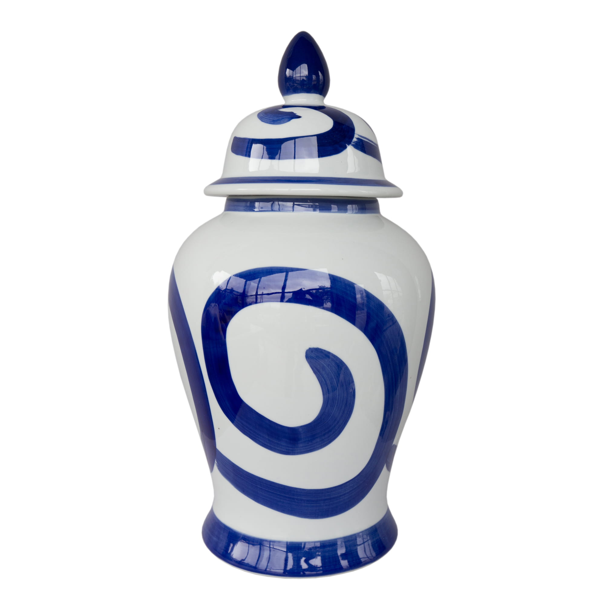 Ceramiczna waza w kształcie amfory, wysokość 46 cm, w biało-granatowym kolorze. Wzór składa się z dużych, niebieskich spiral na białym tle. Ujęcie z boku ukazuje zdobienia oraz spiczastą pokrywkę. Produkt na jasnym tle.