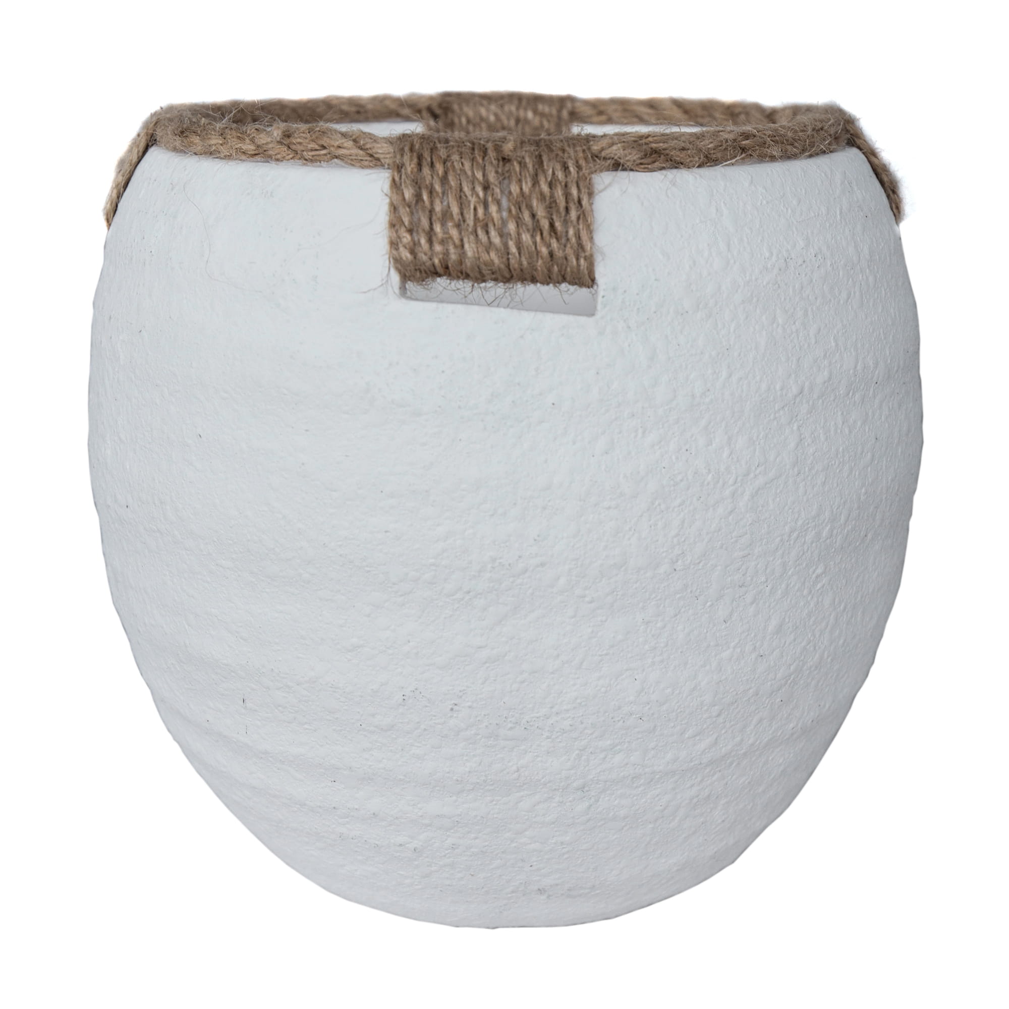 Wazon Bali 14x14x19 cm w kolorze białym, o zaokrąglonym kształcie. U góry znajduje się ozdobne wykończenie z naturalnego sznura, które dodaje tekstury. Produkt widoczny z boku, na neutralnym tle. Bez dodatkowych wzorów czy napisów.