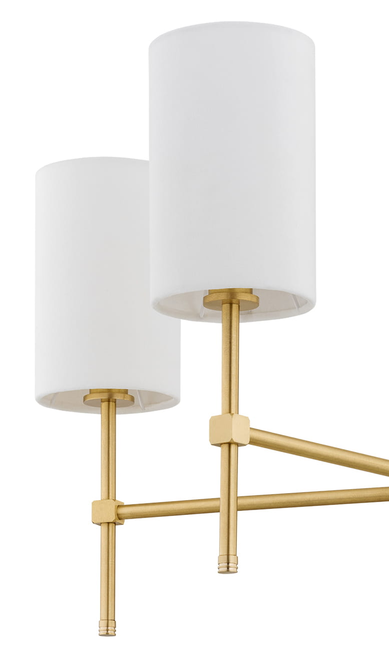 Lampa wisząca Abruzzo z dwoma cylindrycznymi kloszami w kolorze białym, wykonana z metalu i mosiądzu, wisi w poziomie. Widoczne są złote elementy łączące oraz prostokątne zamocowania. Produkt pokazany zbliżeniowo.