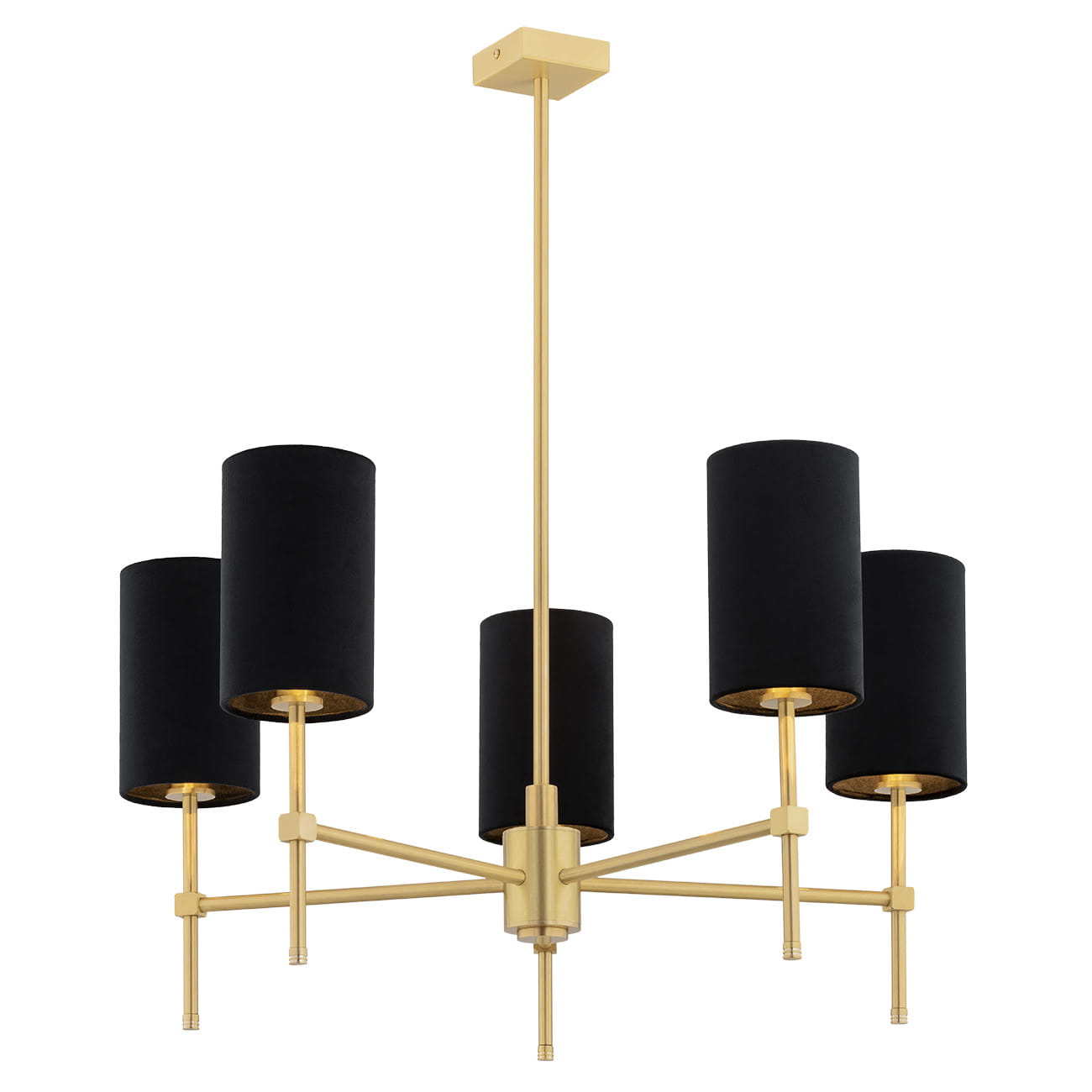 Lampa wisząca Abruzzo w kolorze czarnym z mosiężnymi elementami, o wymiarach 78x70x70 cm. Posiada pięć cylindrycznych kloszy z tekstylnego materiału oraz metalową ramę. Produkt umieszczony jest wisząco, na jednolitym białym tle.