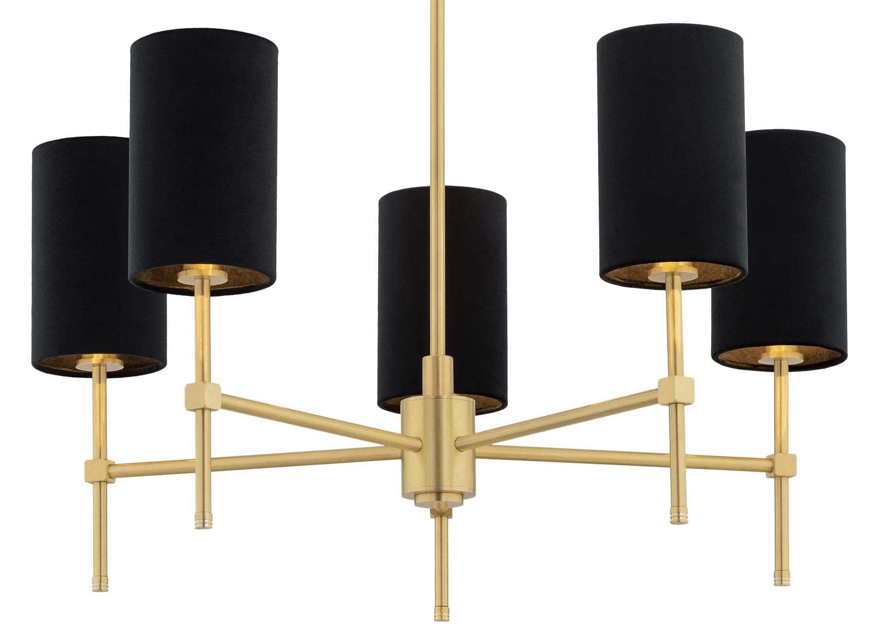 Lampa wisząca Abruzzo w kolorze czarnym z mosiądzu, o wymiarach 78x70x70 cm. Posiada pięć cylindrycznych kloszy w matowym czarnym kolorze, z widocznymi złotymi detalami wewnętrznymi. Ujęcie frontalne, produkt wiszący, na jednolitym tle.