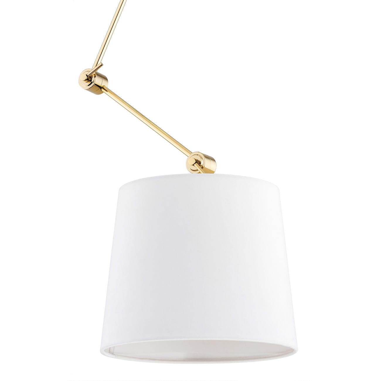 Lampa wisząca Zakyntos Plus w białym kolorze z mosiężnymi detalami. Okrągły abażur w matowej fakturze zawieszony na regulowanym, złotym ramieniu. Produkt prezentowany z góry, na białym tle, wisi w pozycji pionowej. Wymiary: 95x40x40 cm.