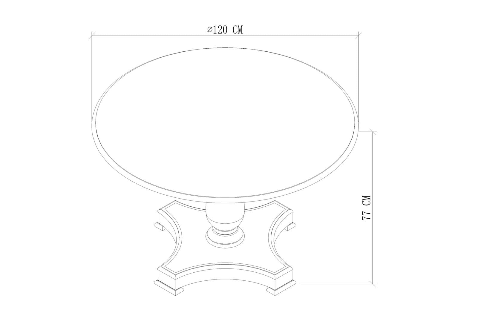 Stół Dijon w kolorze jasnokremowym o średnicy 120 cm i wysokości 79 cm. Ujęcie z góry ukazuje okrągły blat i dekoracyjną, solidną podstawę z wyraźnymi krawędziami. Tło jest proste, co podkreśla minimalistyczny design produktu.