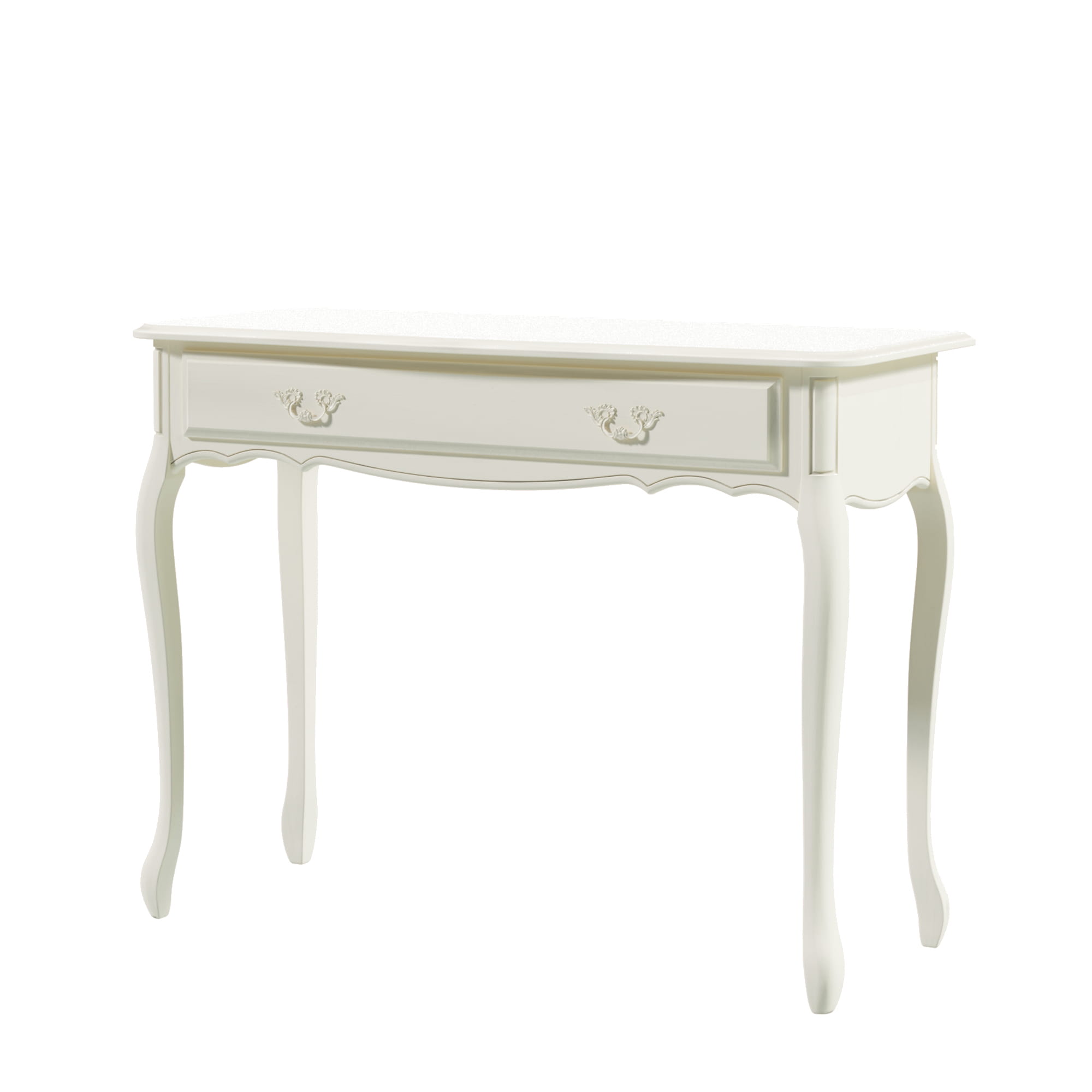 Konsola Provencale Laura Ashley w kolorze kości słoniowej, o wymiarach 110x45x76 cm, z jedną szufladą z dekoracyjnym uchwytem. Produkt stoi na eleganckich, lekko wygiętych nogach, przedstawiony frontalnie na jednolitym tle.