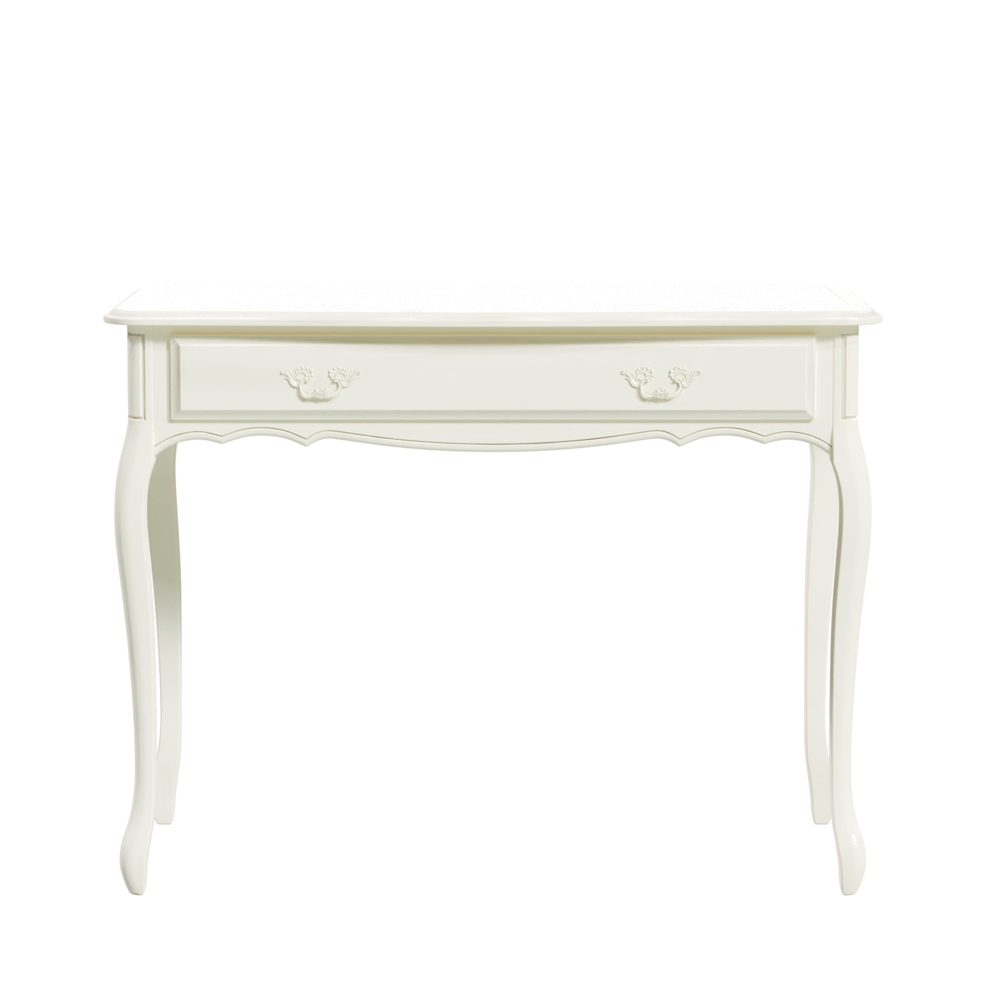 Konsola Provencale Laura Ashley w kolorze kości słoniowej o wymiarach 110x45x76 cm, z jednej szufladą z ozdobnymi uchwytami, na eleganckich, zakrzywionych nogach. Produkt pokazany frontalnie, na białym tle, w minimalistycznej aranżacji.