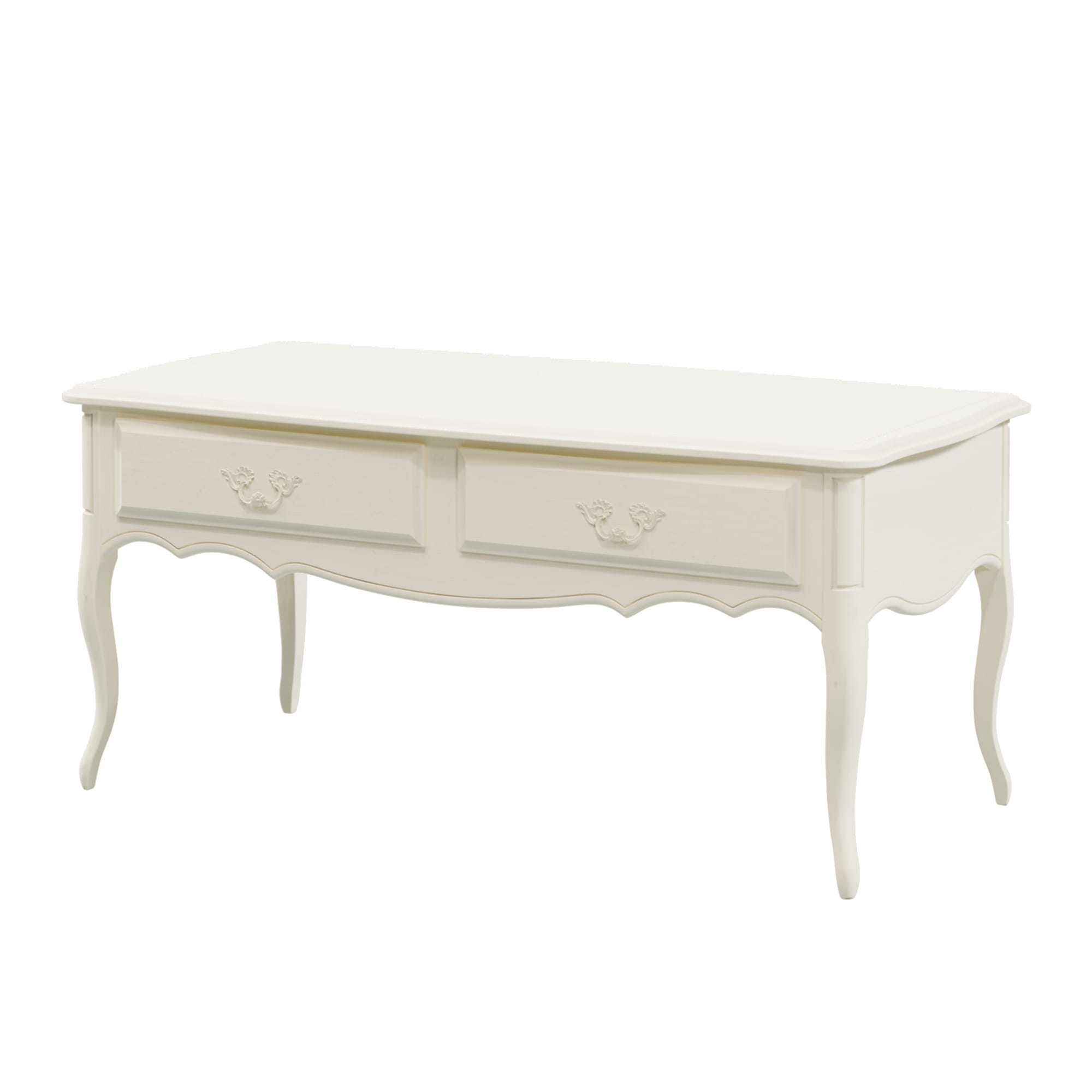 Stylowy stolik kawowy Provencale Laura Ashley w kolorze białym, o wymiarach 110x55x50 cm. Posiada zaokrąglony blat i dwie szuflady z dekoracyjnymi uchwytami. Ujęcie frontowe, produkt stoi na czterech wygiętych nogach, na prostym białym tle.