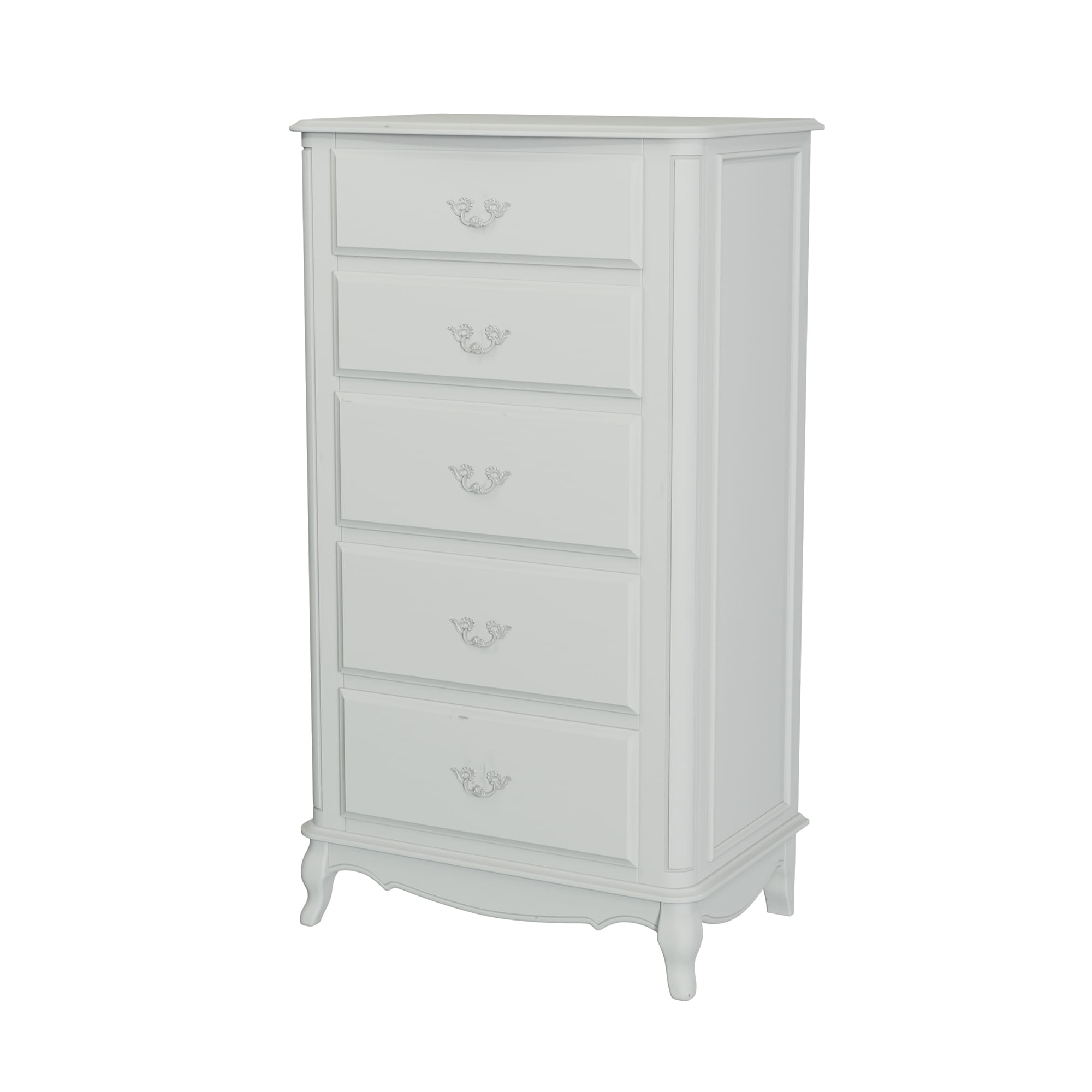 Wysoka komoda Provencale Laura Ashley w kolorze szarym, o wymiarach 75x51x136 cm. Produkt posiada pięć szuflad z eleganckimi uchwytami oraz dekoracyjnymi wyżłobieniami. Ujęcie frontalne, komoda stojąca, na prostym tle.