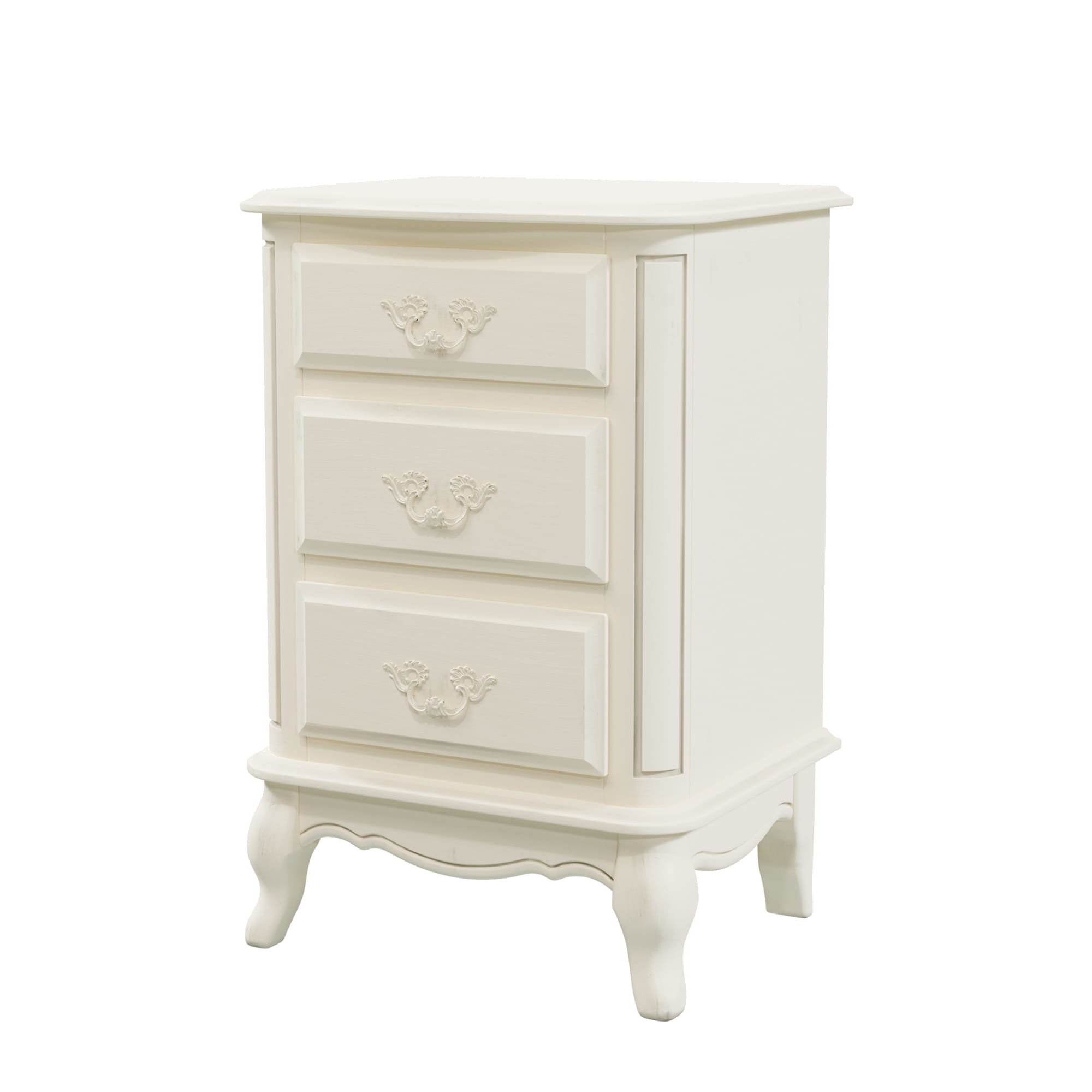 Szafka nocna Provencale Laura Ashley w kolorze kości słoniowej. Produkt stojący o zaokrąglonym blacie, z trzema szufladami z dekoracyjnymi uchwytami. Wymiary: 45x38x68 cm. Mebel na prostej podstawie z wysklepionymi nogami.