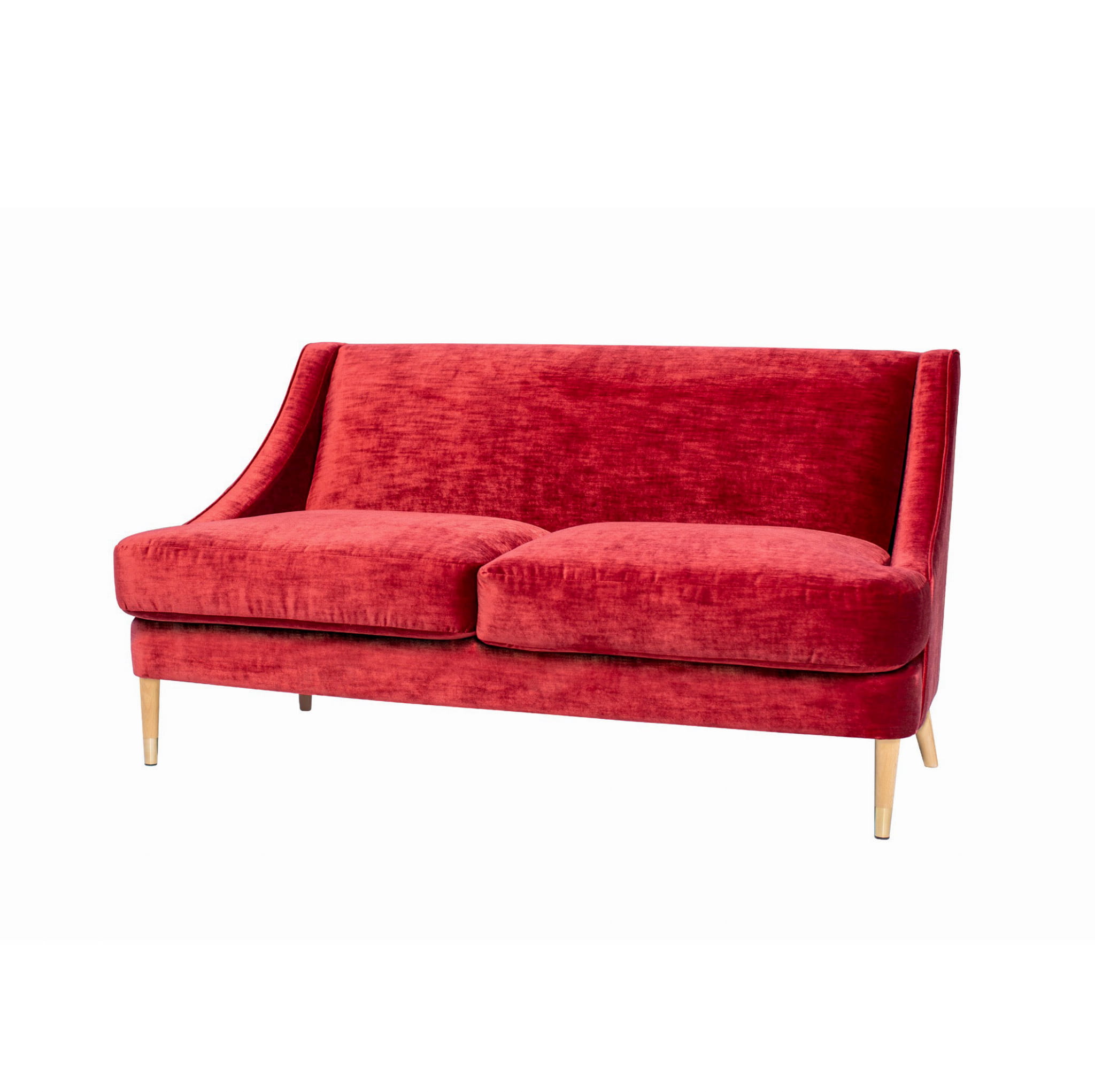 Dwuosobowa elegancka sofa Tuluza w stylu nowojorskim w kolorze czerwonobordowym, tapicerowana miękkim materiałem. Frontalny widok, produkt stoi na drewnianych nóżkach. Wymiary: 150x80x84 cm. Widoczne prostokątne poduszki na siedzeniu i oparciu.