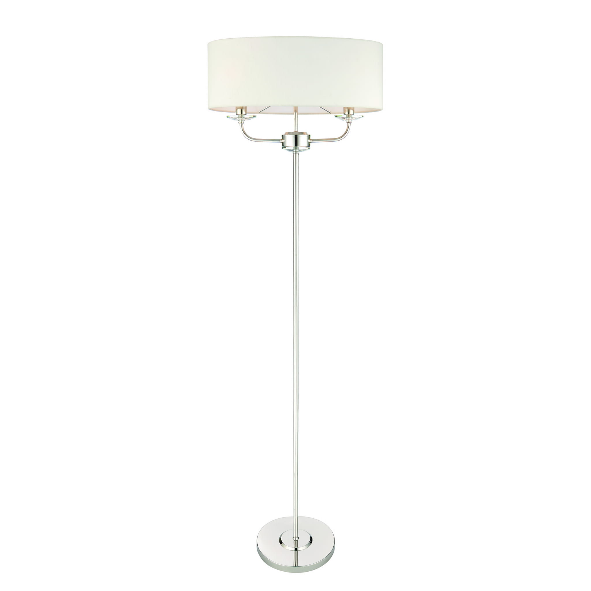 Lampa podłogowa Nixon o wysokości 157 cm, wykonana z niklu, z prostą podstawą i okrągłym kloszem w kolorze białym. Ujęcie frontalne, produkt stoi na białym tle, eksponując metalowe wykończenia i minimalistyczny design.