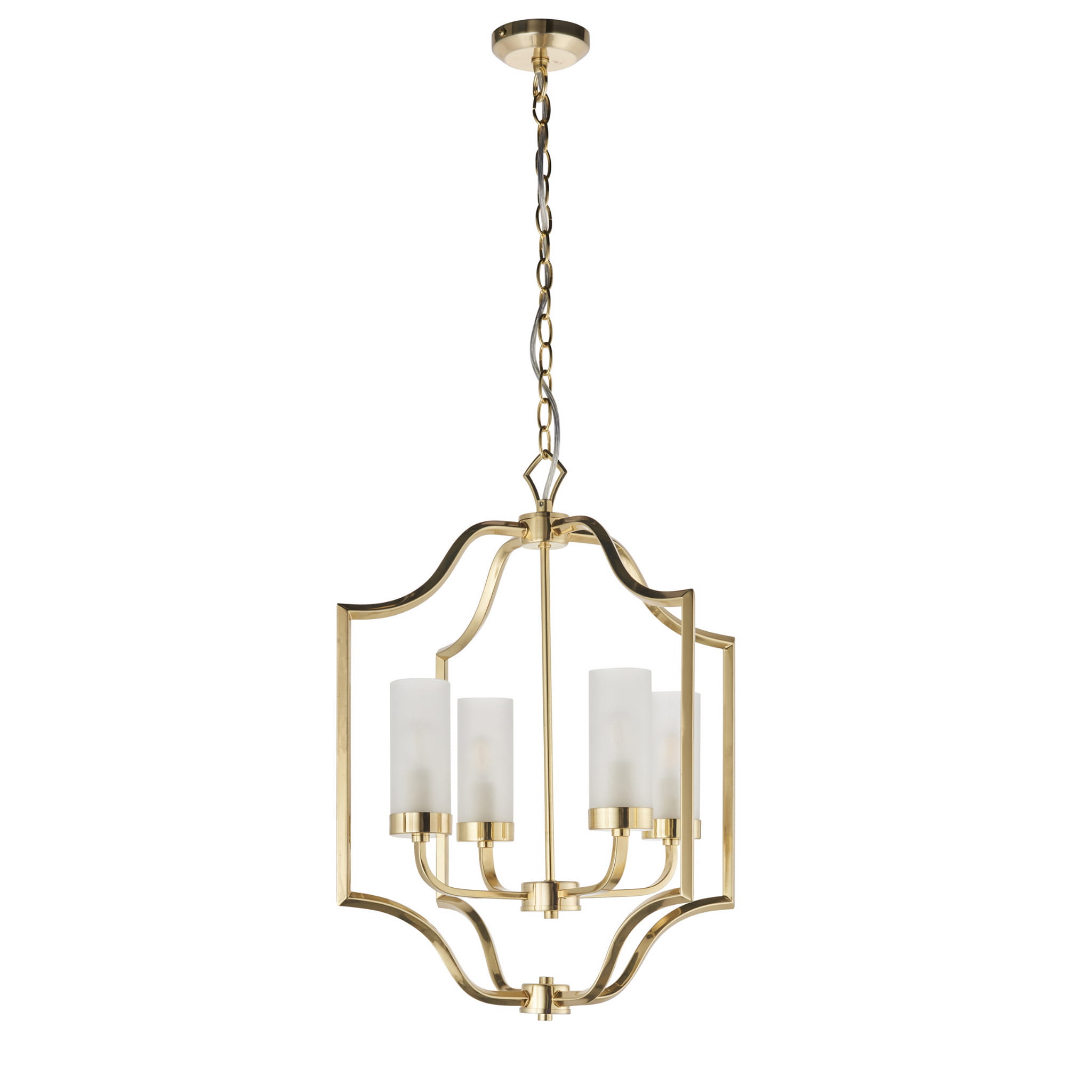 Lampa sufitowa wisząca Edrea wykonana z metalu w kolorze złotym, z pięcioma mlecznymi szklanymi kloszami. Produkt zawieszony na łańcuchu. Frontalne ujęcie ukazuje delikatne krzywoliniowe kształty ramy oraz estetyczne detale mocowania.