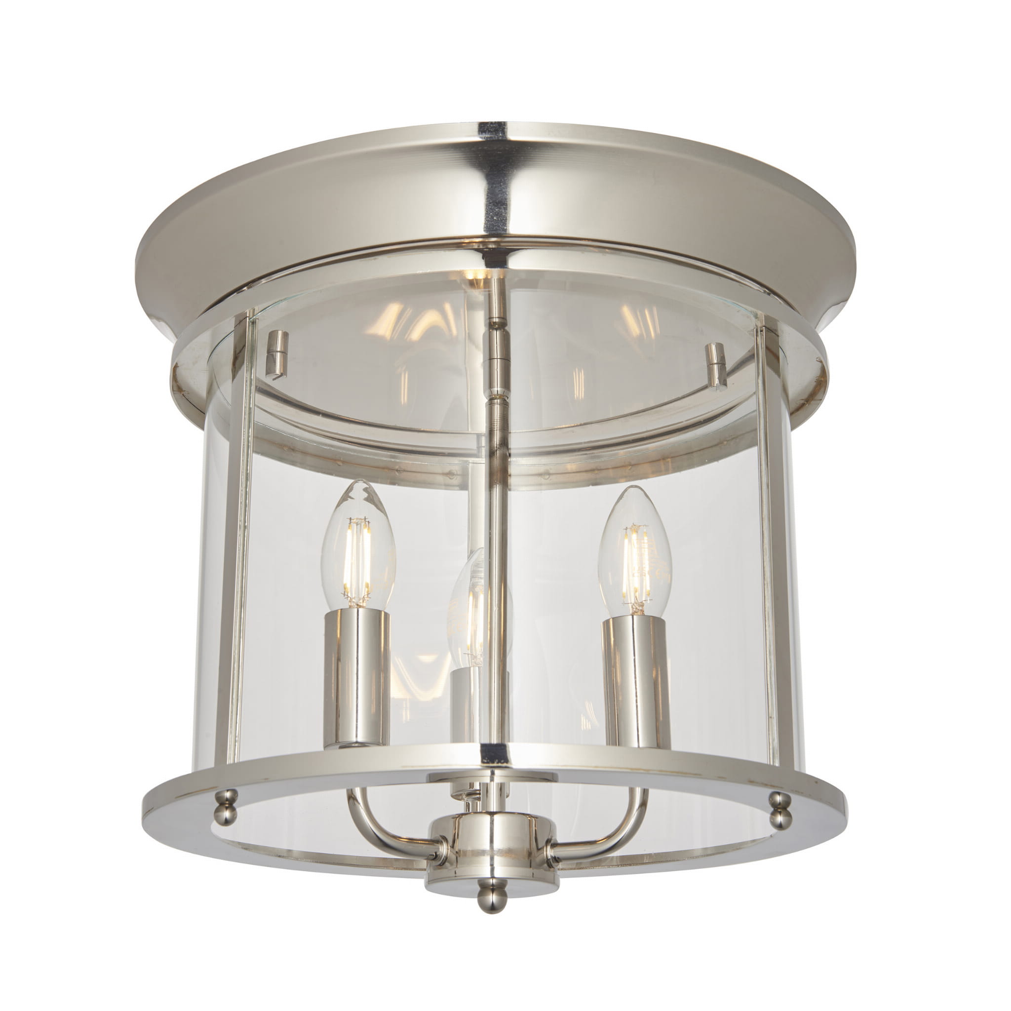 Lampa sufitowa Hampworth w kolorze niklowym, wysokość 30,5 cm, zrośnięta z przezroczystym szkłem, zawiera trzy źródła światła w stylowych oprawach. Ujęcie pokazuje produkt z przodu, wiszący z sufitu, na prostej, jasnej powierzchni.