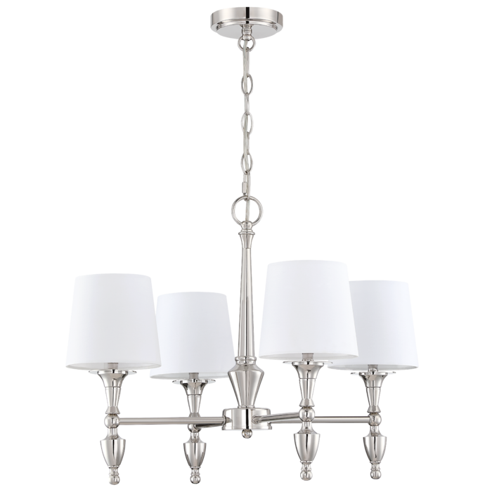 Klasyczna lampa sufitowa wisząca Fresco w kolorze polerowanego niklu, z czterema białymi kloszami. Produkt zawieszony na łańcuchu, ukazany z dołu, podkreślający detale metalowej konstrukcji oraz kształt kloszy. Wymiary 61x46 cm.