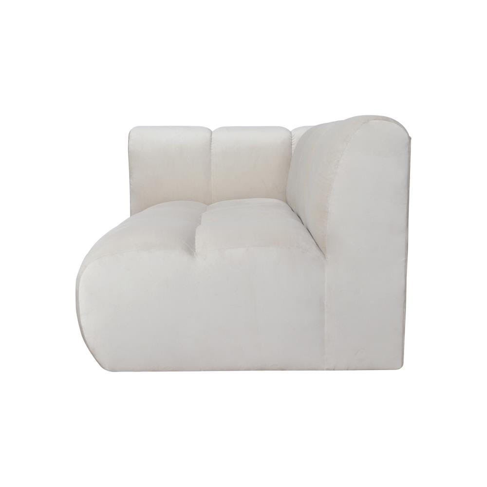 Modułowa sofa Ramona w kolorze jasnym, prosty lewy element. Zprofilowane, zaokrąglone krawędzie, tapicerka z gładkiego materiału. Widok z boku, podkreślający kształt i komfort. Wymiary 114x89x70 cm, produkt stoi na stabilnej podstawie.