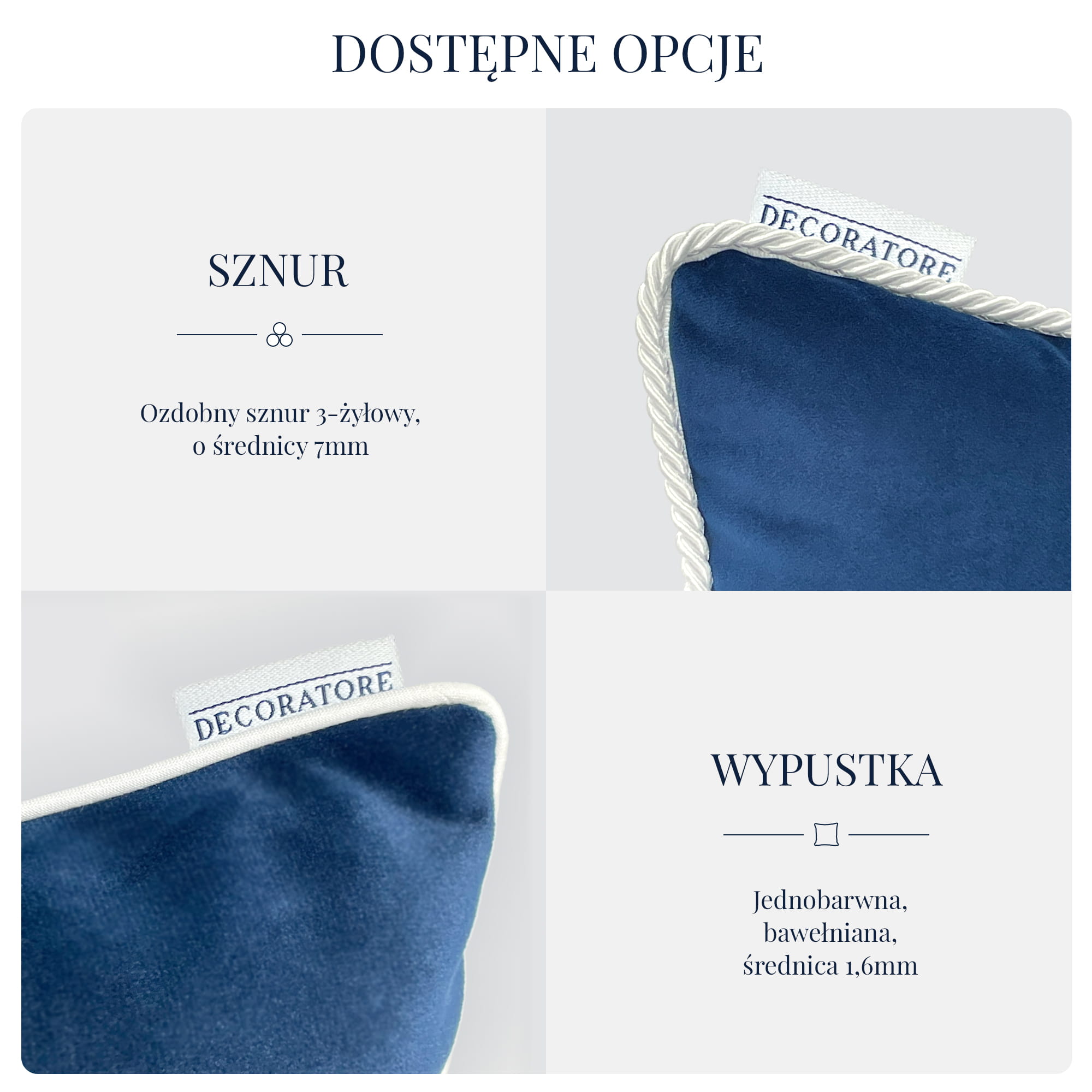 Poduszka haftowana dekoracyjna w odcieniu granatowym z ozdobnym sznurkiem o średnicy 7 mm oraz wypustką jedwabną. Widoczny detal logo Decoratoro. Produkt położony na jasnym tle, ukazujący szczegóły materiałów i wykończenia.