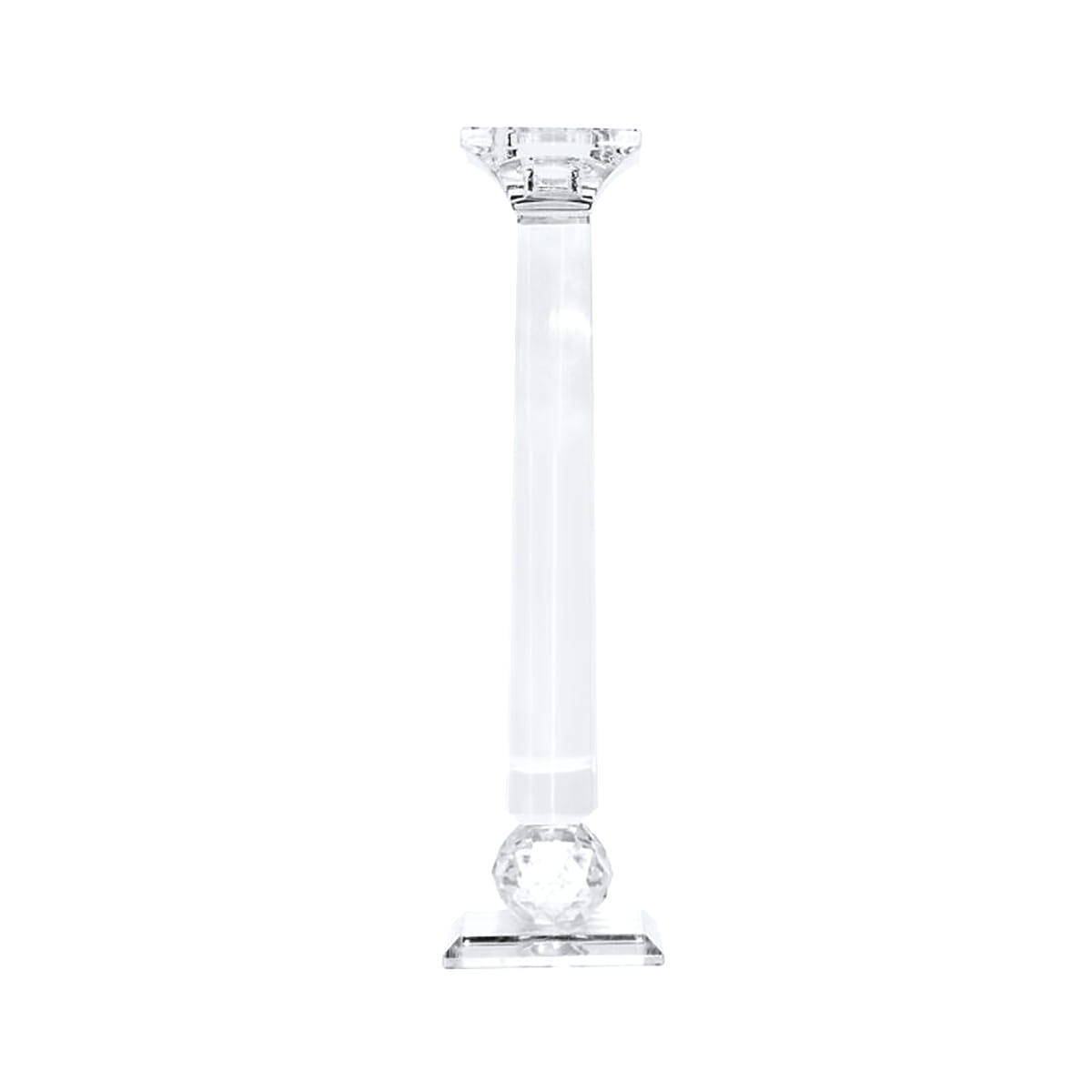 Przezroczysta świeczka typu pillar o wysokości 28 cm, prostokątna forma z dekoracyjną podstawą w kształcie diamentu. Produkt umieszczony na jednolitym tle, w pozycji stojącej, ukazujący elegancki, minimalistyczny design.
