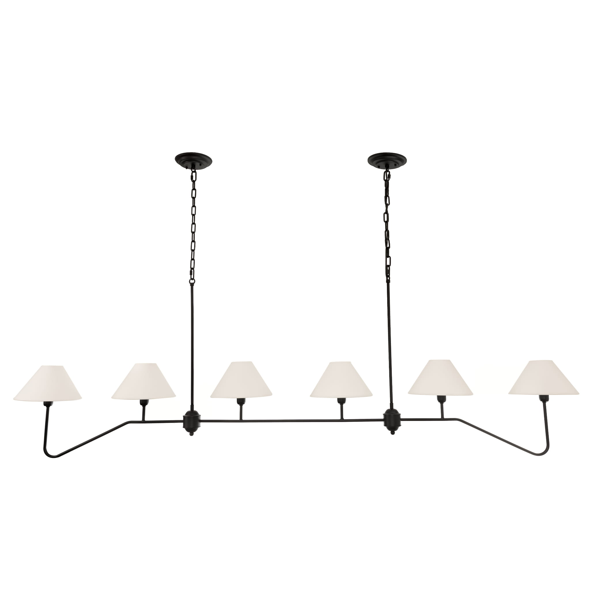 Lampa sufitowa wisząca Agello XL w kolorze czarnym, o wymiarach 100x180 cm, z pięcioma białymi kloszami w kształcie stożków. Produkt podwieszony na dwóch łańcuchach, widok frontalny. Elegancka konstrukcja metalowa, minimalistyczny design.