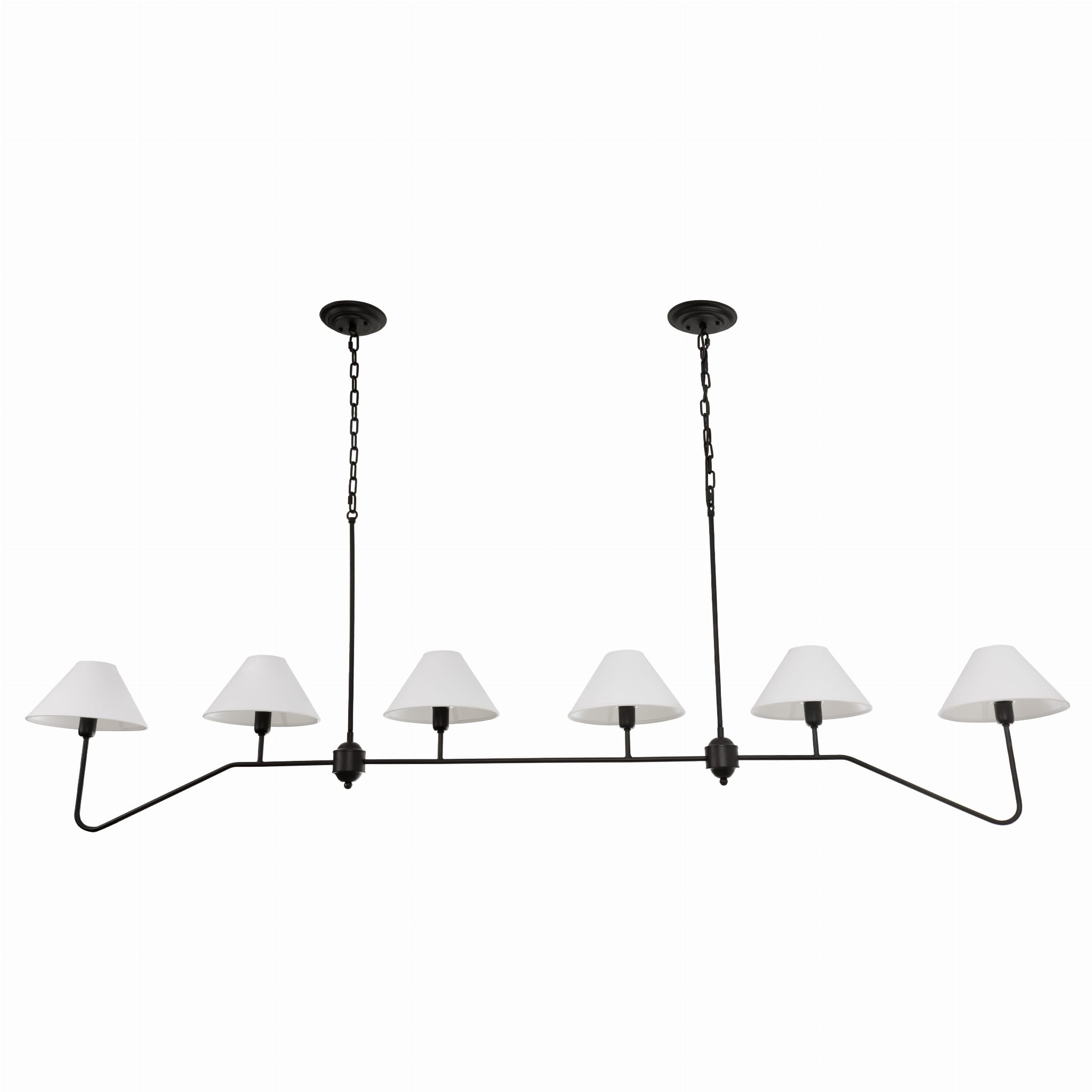 Lampa sufitowa wisząca Agello XL w kolorze czarnym, o wymiarach 100x180 cm, z sześcioma kloszami w formie stożków w kolorze białym, zawieszona na dwóch łańcuchach. Produkt widoczny z dołu, ukazujący minimalistyczny design.