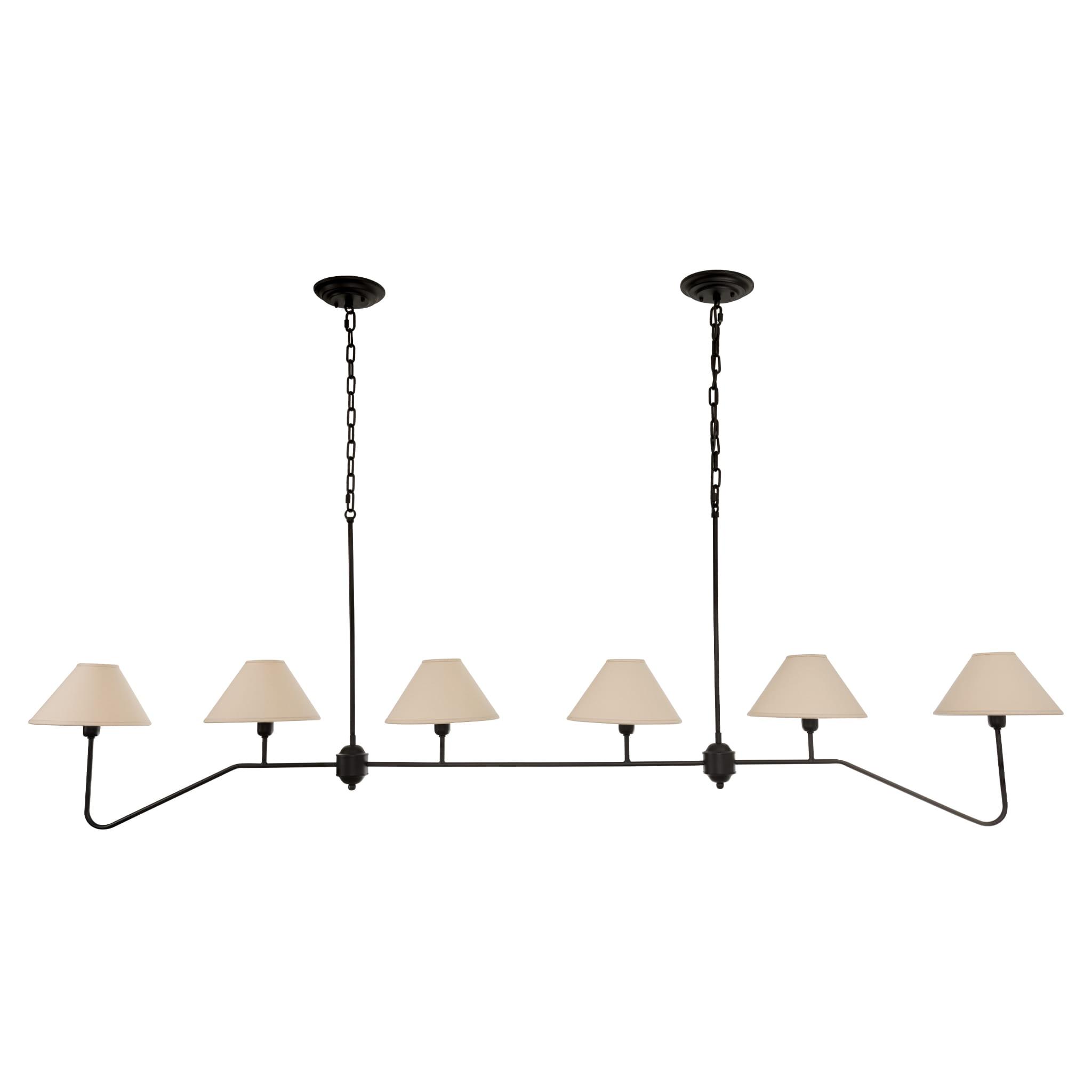 Lampa sufitowa wisząca Agello XL w kolorze czarnym, o wymiarach 100x180 cm, z sześcioma stożkowymi kloszami w jasnym kolorze, zawieszona na dwóch łańcuchach. Produkt pokazany z góry, w formie rozłożonej. Tło białe, neutralne.