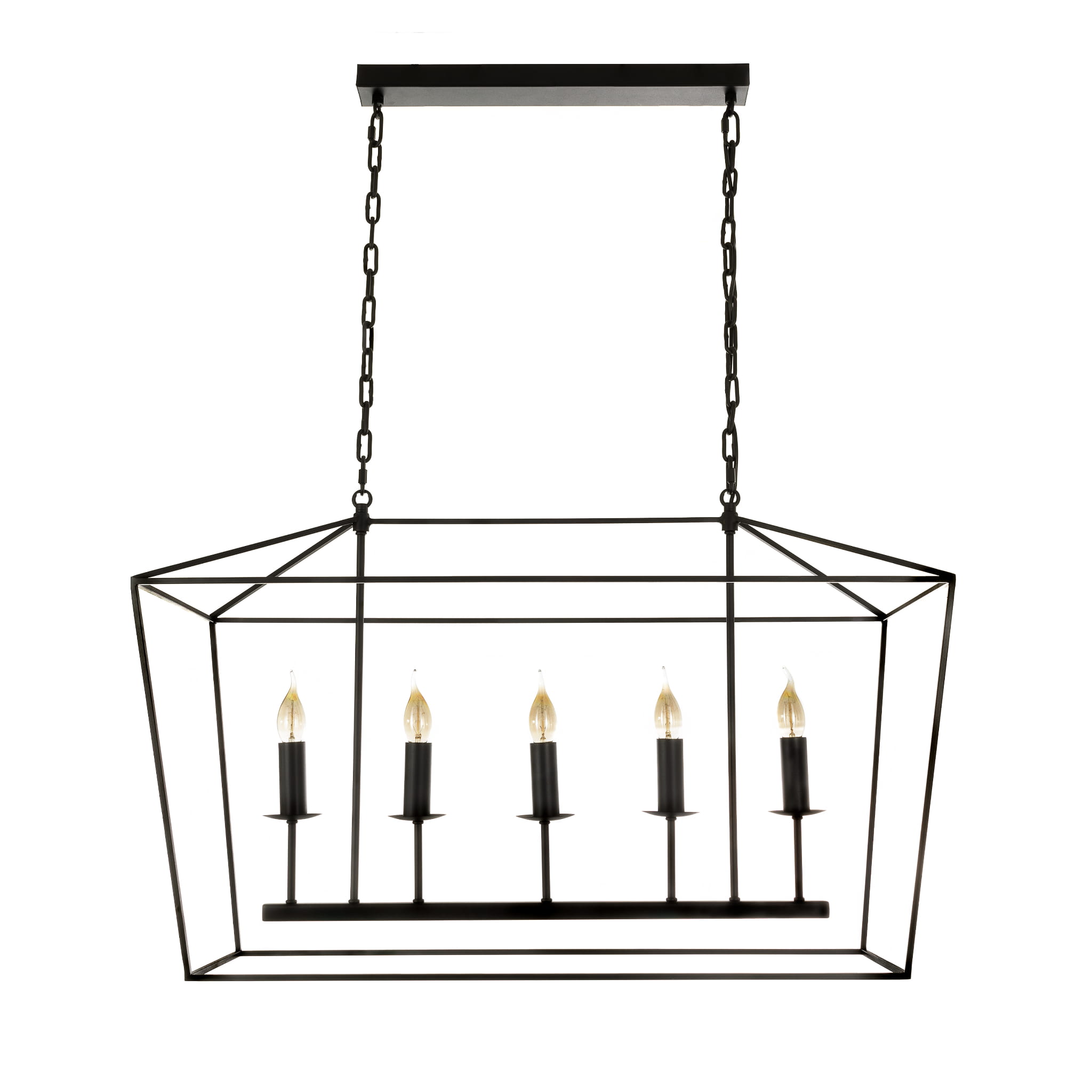 Lampa sufitowa Geen L w kolorze czarnym, wykonana z metalu, o geometrycznym kształcie w formie prostokątnej. Produkt wiszący, z pięcioma miejscami na żarówki, prezentowany na białym tle, z niewidocznym logo i detalami montażu.