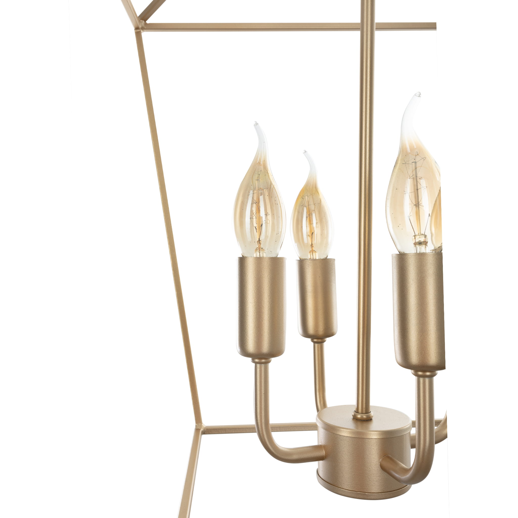 Stylowa Lampa Sufitowa Geen M w kolorze złotym, z trzema eleganckimi kloszami o kształcie flamek. Ujęcie z boku, ukazujące mocowania i detal obudowy. Produkt wiszący, idealny do nowoczesnych wnętrz. Tło proste, minimalistyczne.