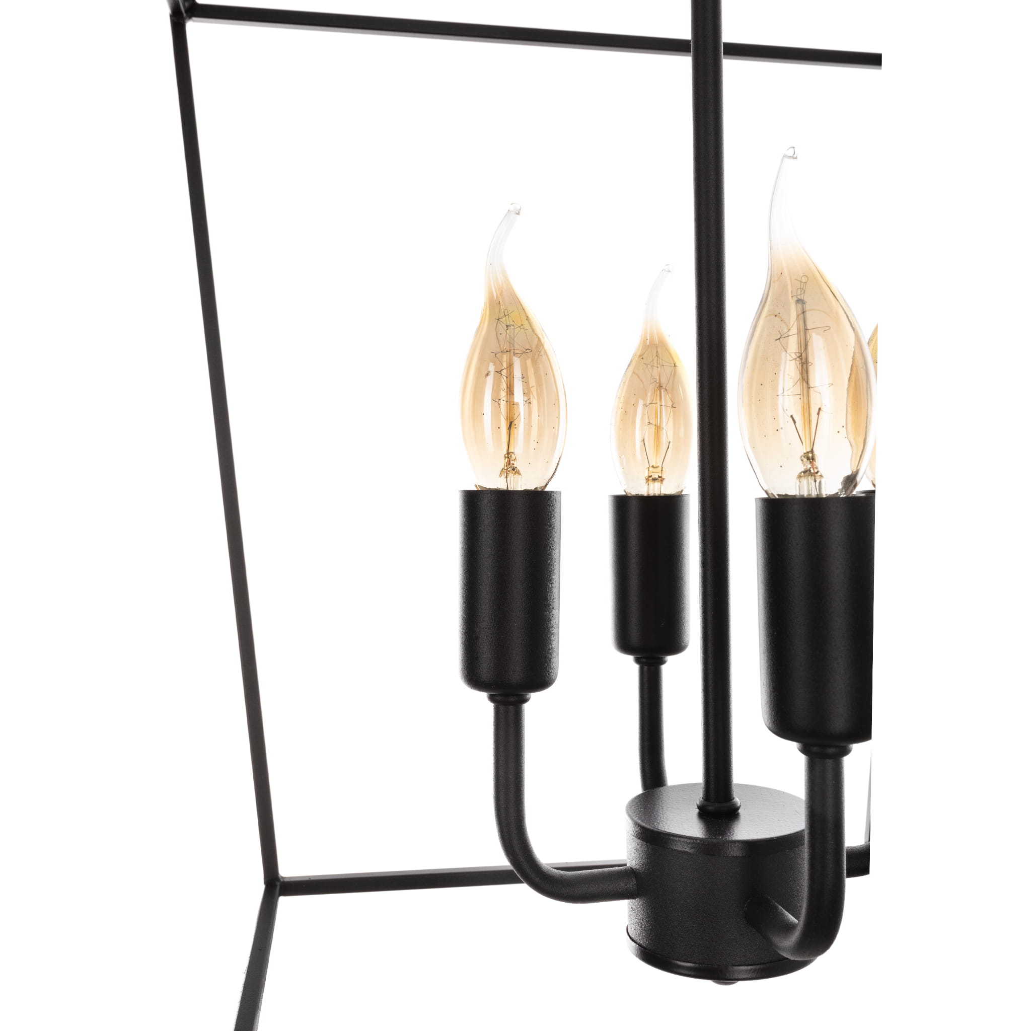 Stylowa lampa sufitowa Geen M w kolorze czarnym, z metalową konstrukcją, zawiera pięć żarówek w kształcie płomienia. Ujęcie z boku, ukazujące detale mocowania oraz fakturę materiału. Proste tło podkreśla elegancję produktu.