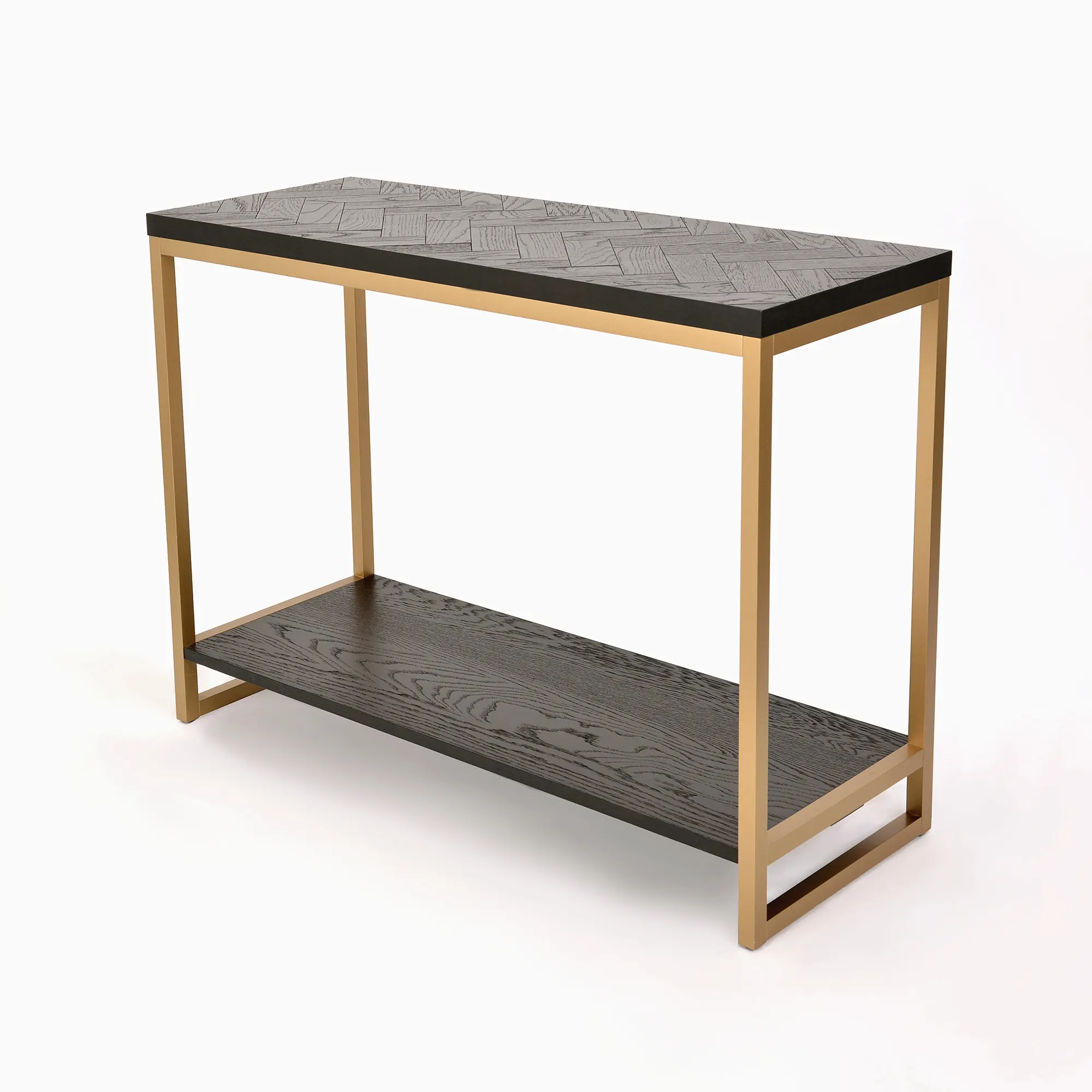 Konsola Seville w kolorze czarnym z metalową, złotą ramą o wymiarach 110x40x78 cm. Ujęcie frontalne, produkt stojący. Górna część z ryflowanym wzorem, dolna półka z gładkiego, ciemnego drewna. Proste tło, podkreślające elegancki design.