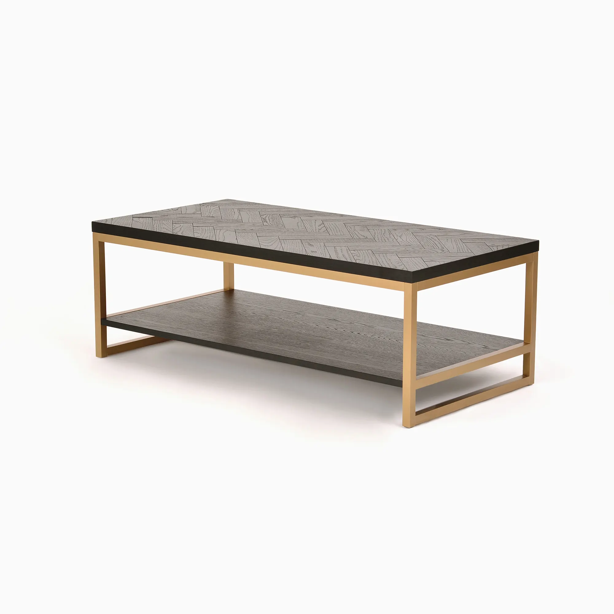 Konsola Seville 120x60x42 cm w kolorze czarnym, z blatem w geometryczny wzór i metalową ramą w kolorze złotym. Ujęcie frontalne, produkt stojący, z dolną półką. Proste tło, brak dodatkowych elementów aranżacyjnych.