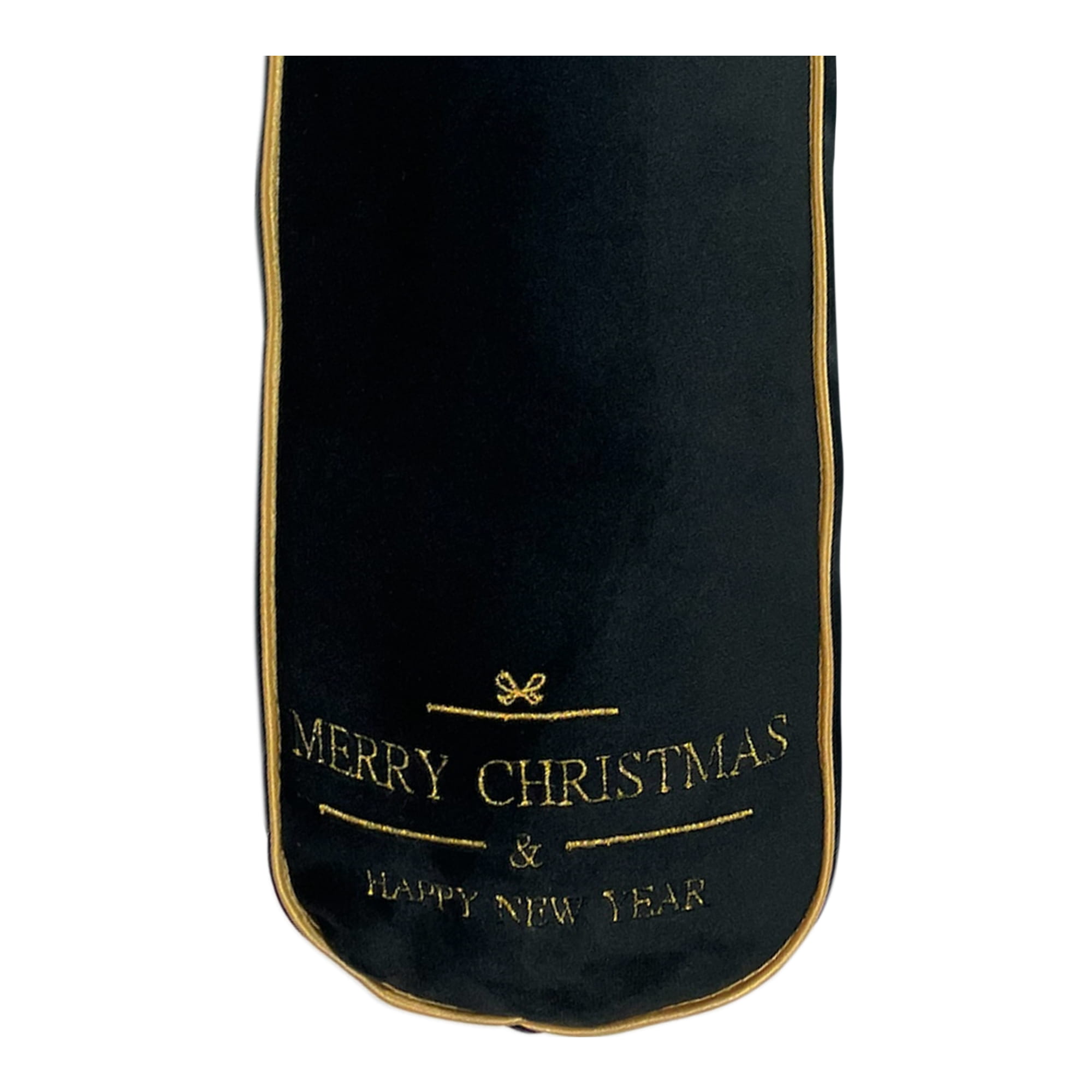 Poduszka dekoracyjna w kolorze czarnym z haftem MERRY CHRISTMAS & HAPPY NEW YEAR w złotym kolorze. Produkt jest rozłożony w pozycji stojącej, widoczny z przodu. Obrzeże wykończone złotą nitką, materiał o gładkiej fakturze.
