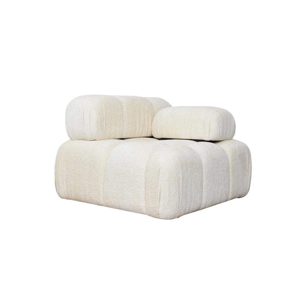 Sofa modułowa Loren w kolorze jasnym, z prostym, lewym elementem o wymiarach 95x96x70 cm. Wyposażona w miękkie, zaokrąglone poduszki, a jej struktura jest teksturowana. Produkt prezentowany z boku na jednolitym tle.