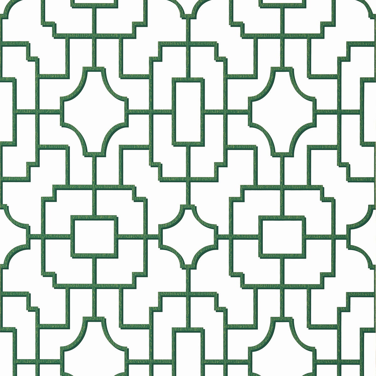 Tapeta Thibaut Anna French FRETWORK w kolorze zielonym, z geometrycznym wzorem na białym tle. Produkt ma matową fakturę i jest ukazany na płasko, zbliżenie na szczegóły wzoru. Idealna do stylizacji wnętrz.