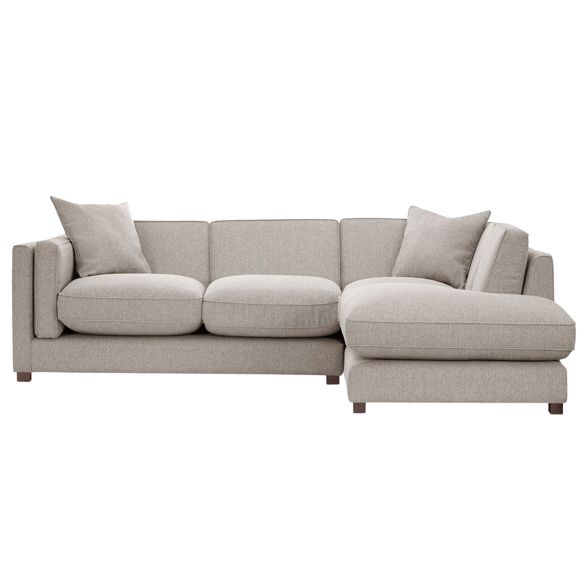Elegancki narożnik Empirio w odcieniu jasnoszarym, z poduszkami na siedzisku i oparciu. Produkt rozłożony w formie litery L, widoczny z boku. Wymiary: 270x190 cm. Prosta, teksturowana tkanina w subtelnym kolorze na stelażu z niskimi nóżkami.