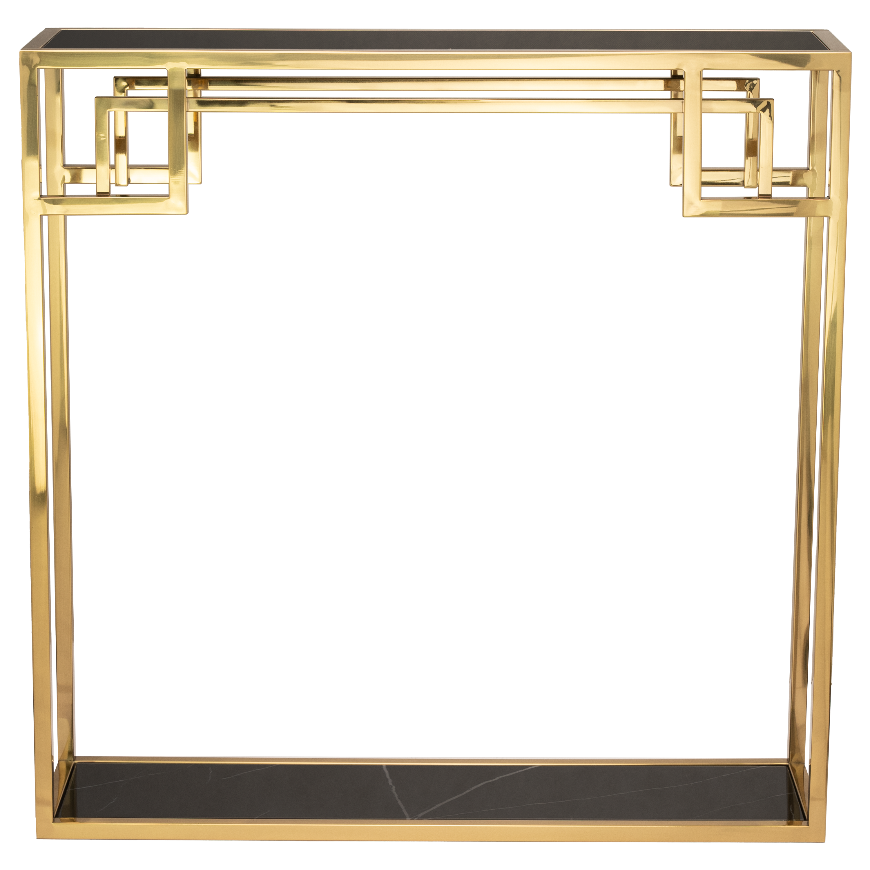 Stylowa konsola Luna w kolorze złotym o wymiarach 90x25x90 cm, z prostokątnym blatem i dekoracyjnym, geometrycznym wzorem na górze. Ujęcie frontalne, produkt stojący. Łączy metal i szkło, z opcją aranżacji w nowoczesnych wnętrzach.