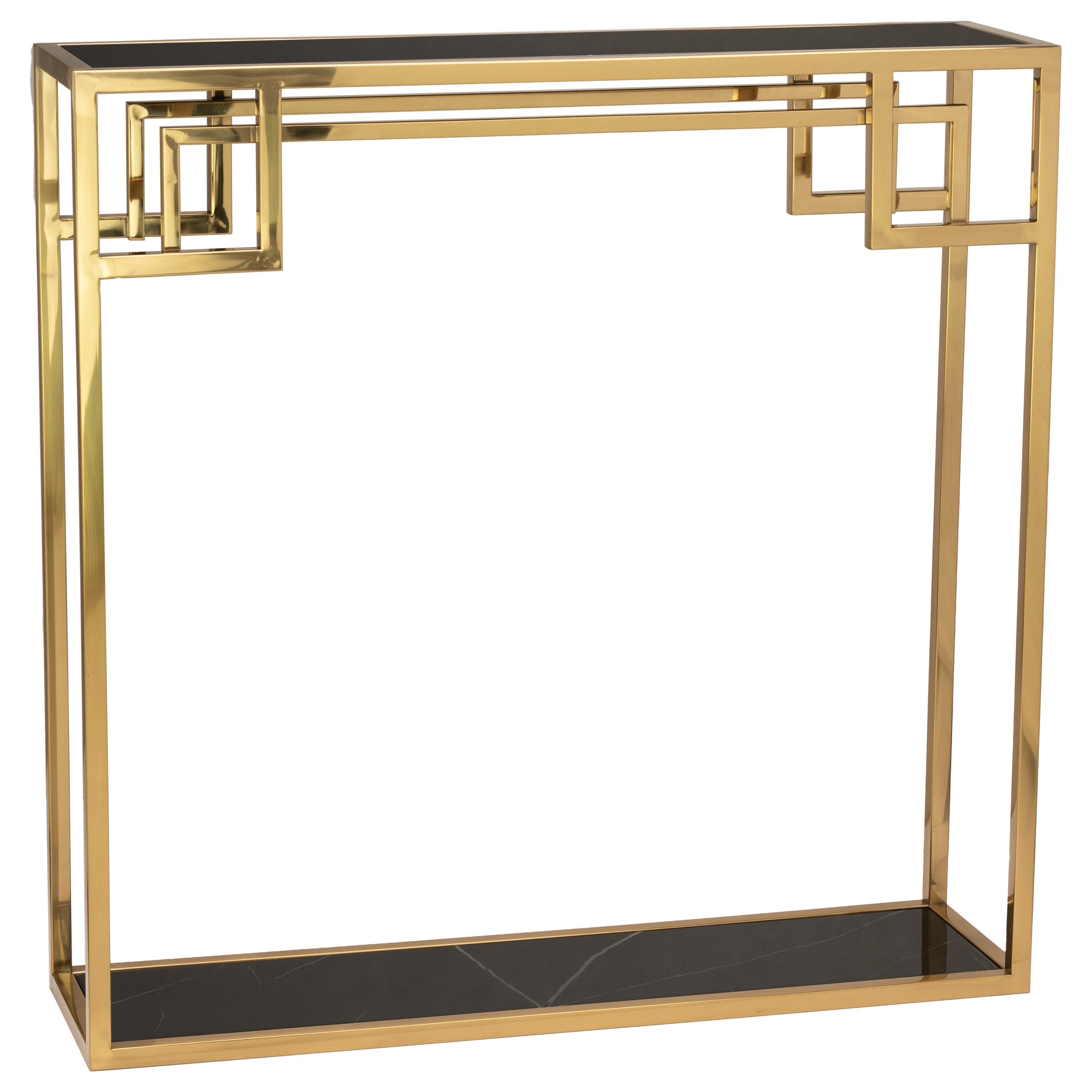 Stylowa konsola Luna w kolorze złotym o wymiarach 90x25x90 cm, z geometrycznym wzorem na górnej krawędzi i czarnym, gładkim blatem. Produkt stoi na czterech prostych nogach, prezentując nowoczesny design w eleganckim stylu.