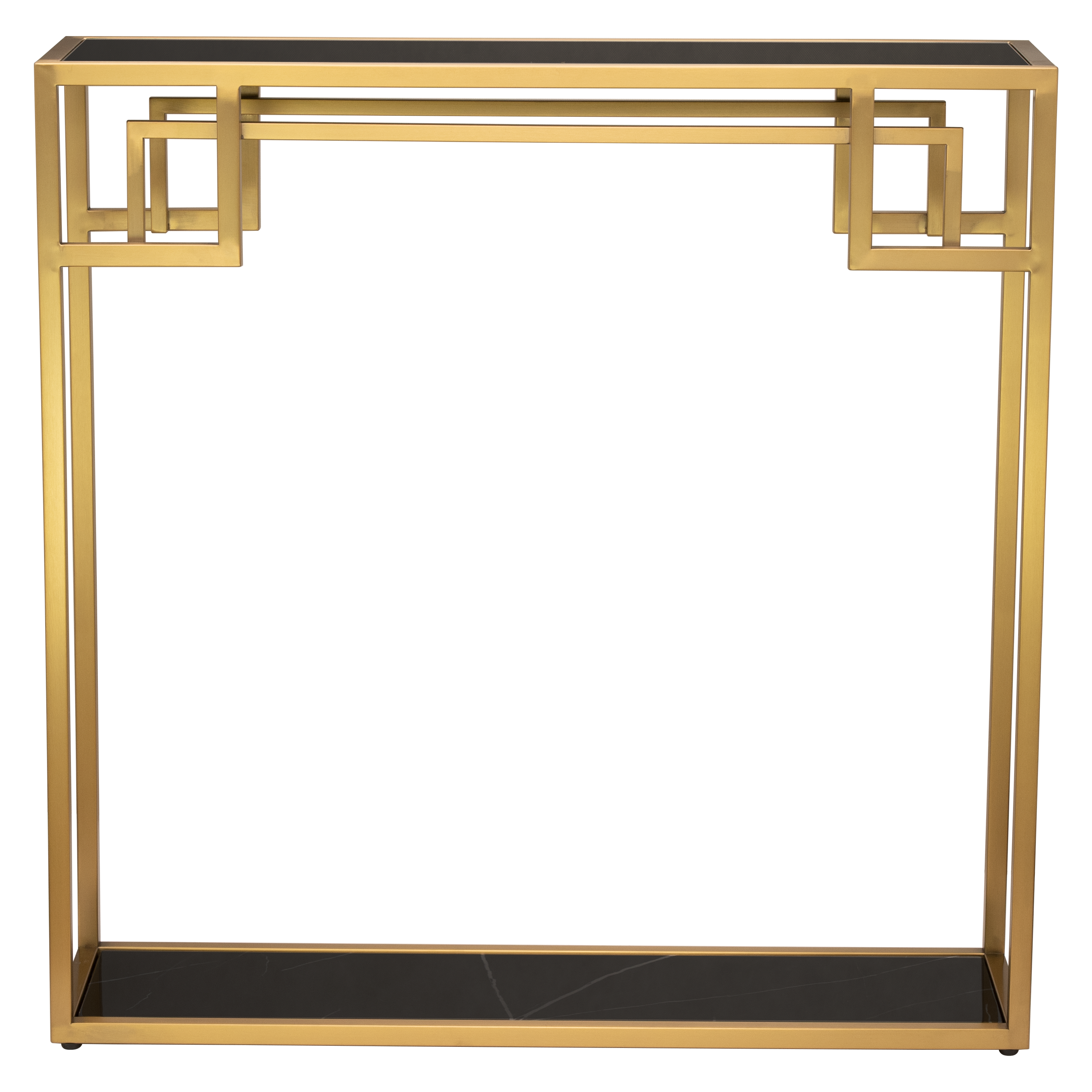 Stylowa konsola Luna w kolorze mosiądzu, o wymiarach 90x25x90 cm, z geometryczną formą oraz czarnym blatem. Produkt pokazany frontalnie, z widocznymi detalami oraz bez tła. Zdobienia w postaci prostokątnych ram.