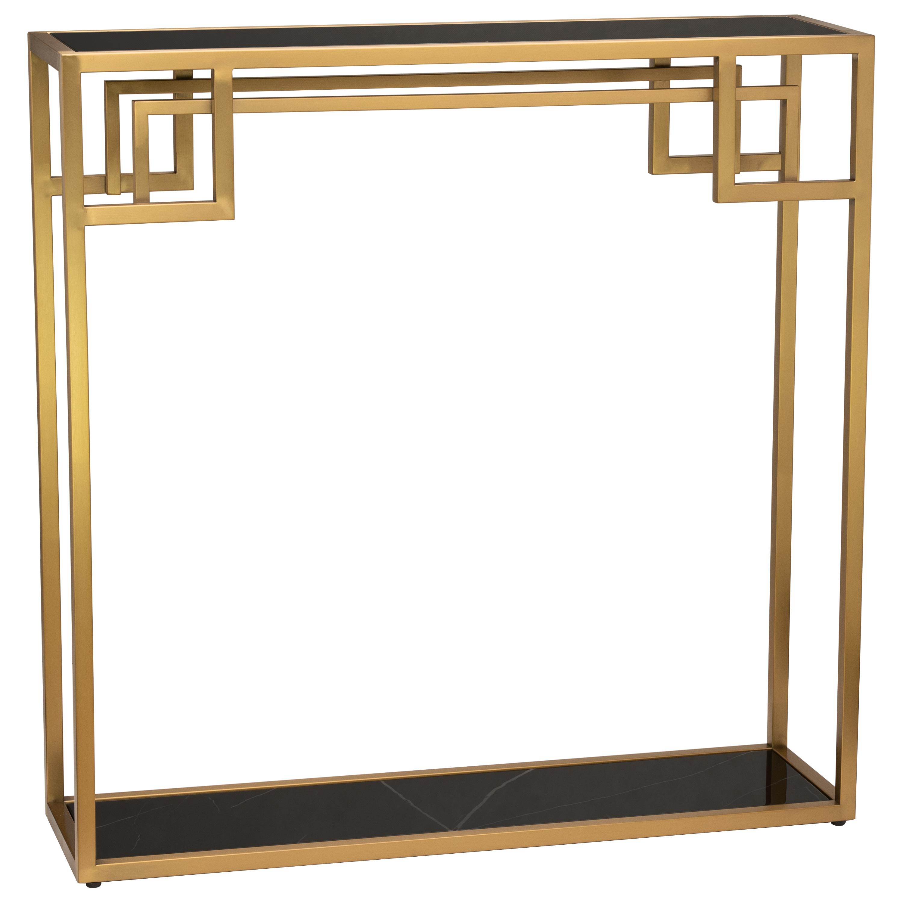 Stylowa konsola Luna w kolorze mosiądzu z czarnym blatem, o wymiarach 90x25x90 cm, z geometryczną konstrukcją. Widok frontalny, produkt stojący, ukazujący detale metalowego stelaża oraz błyszczącego blatu. Czarne tło.