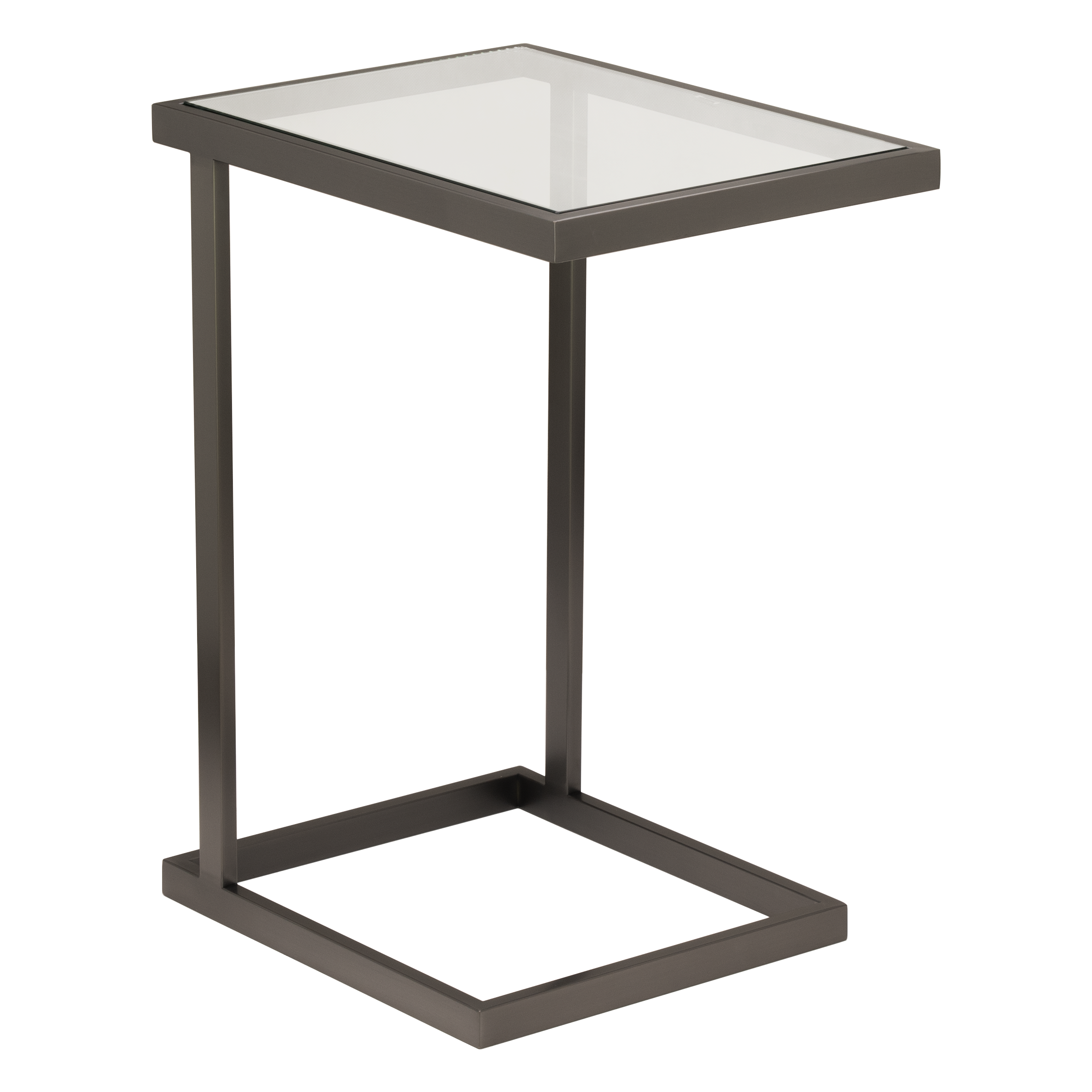 Funkcjonalny stolik pomocniczy Nottura w kolorze czarnym, z metalową ramą i kwadratowym szklanym blatem o wymiarach 48x35x63 cm. Ujęcie frontalne, produkt stojący, minimalistyczny design, idealny do nowoczesnych wnętrz.