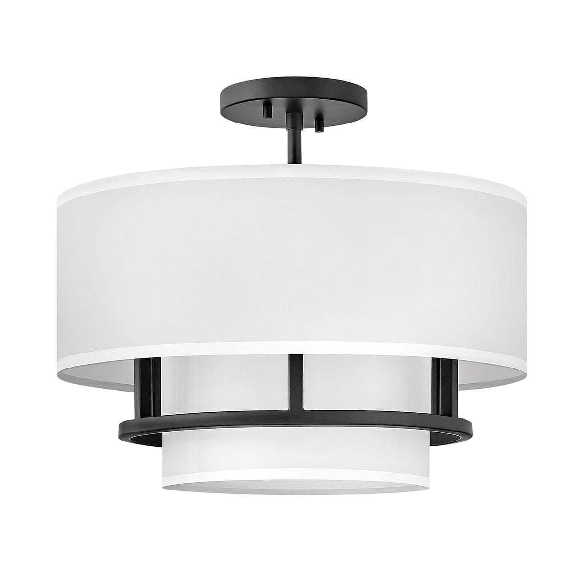 Lampa wisząca Gela II w kolorze białym i czarnym, z okrągłym abażurem z białego materiału oraz metalowym czarnym stelażem. Produkt widoczny z dołu, zawieszony na krótki przewód, idealny do nowoczesnych wnętrz.