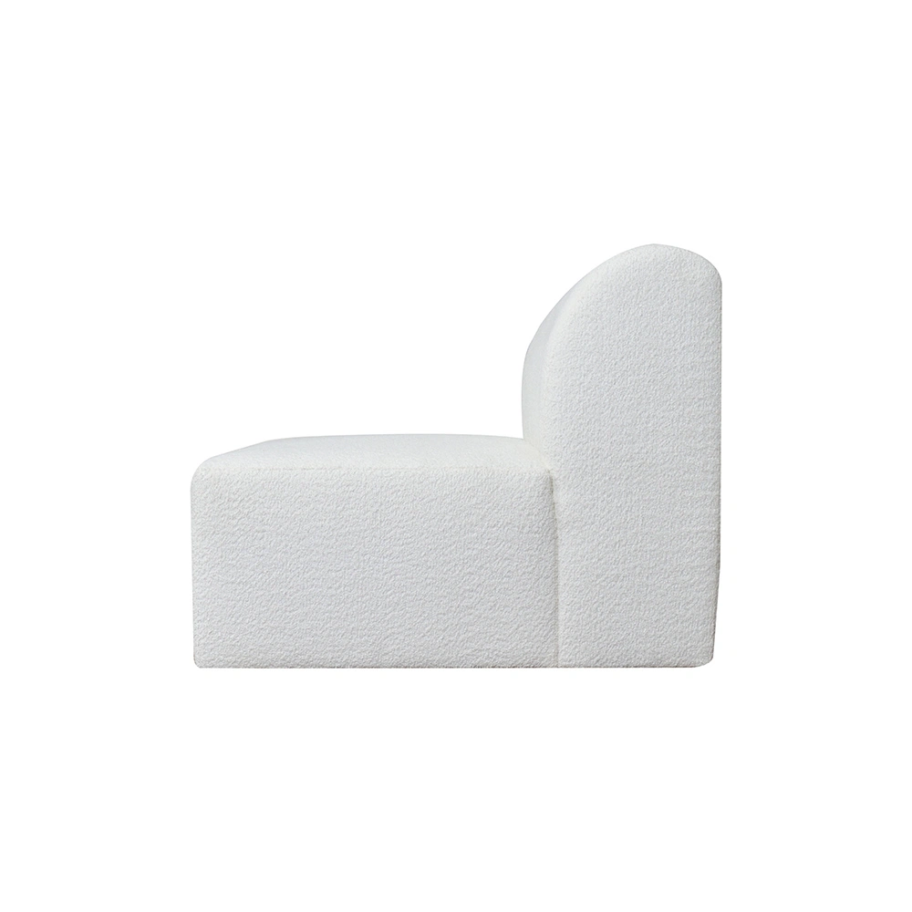 Elegancka sofa modułowa Laris w kolorze białym, wykonana z teksturowanego materiału. Widok z boku, produkt znajduje się w pozycji leżącej. Sofę charakteryzują proste, geometryczne kształty oraz zaokrąglony oparcie.