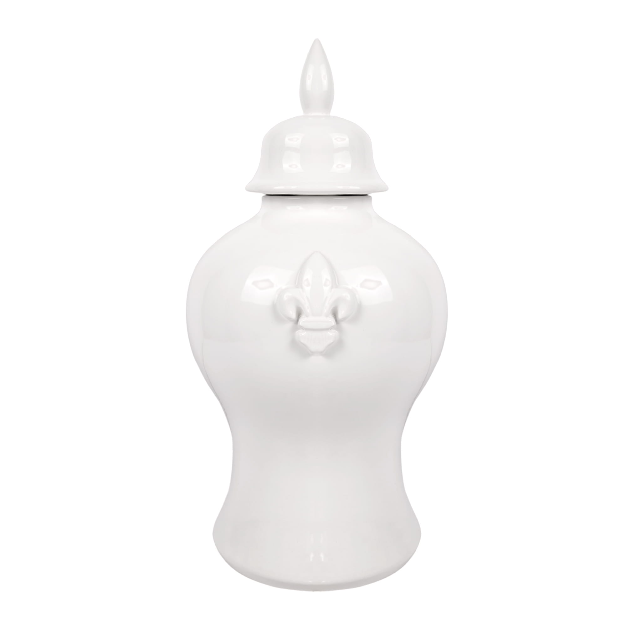Waza ceramiczna w kolorze białym o wysokości 41 cm, z zakrzywionym kształtem i dekoracyjnym wzorem w formie kwiatu lilii na froncie. Produkt ma dopasowaną pokrywkę z charakterystycznym, spiczastym zakończeniem. Wykonana z gładkiej ceramiki.