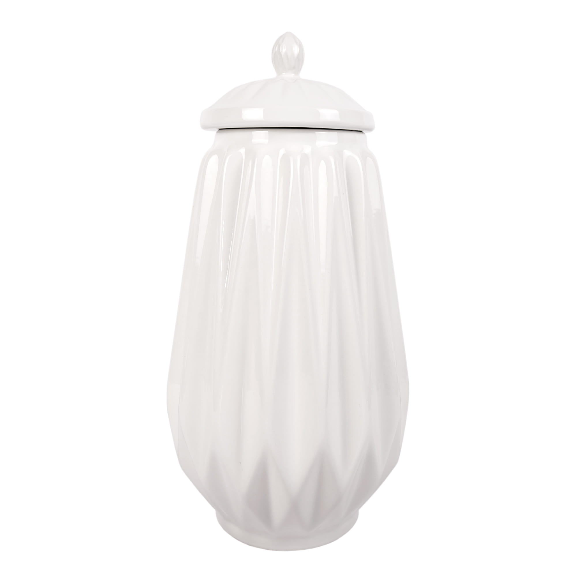Waza Amfora ceramiczna, biała, wysokość 41 cm, z dekoracyjnym, teksturowanym wzorem w formie żebrowania. Ujęcie frontalne, produkt stoi na białym tle. Pokrywa ozdobna na górze z wypukłym uchwytem. Brak widocznych napisów lub logo.