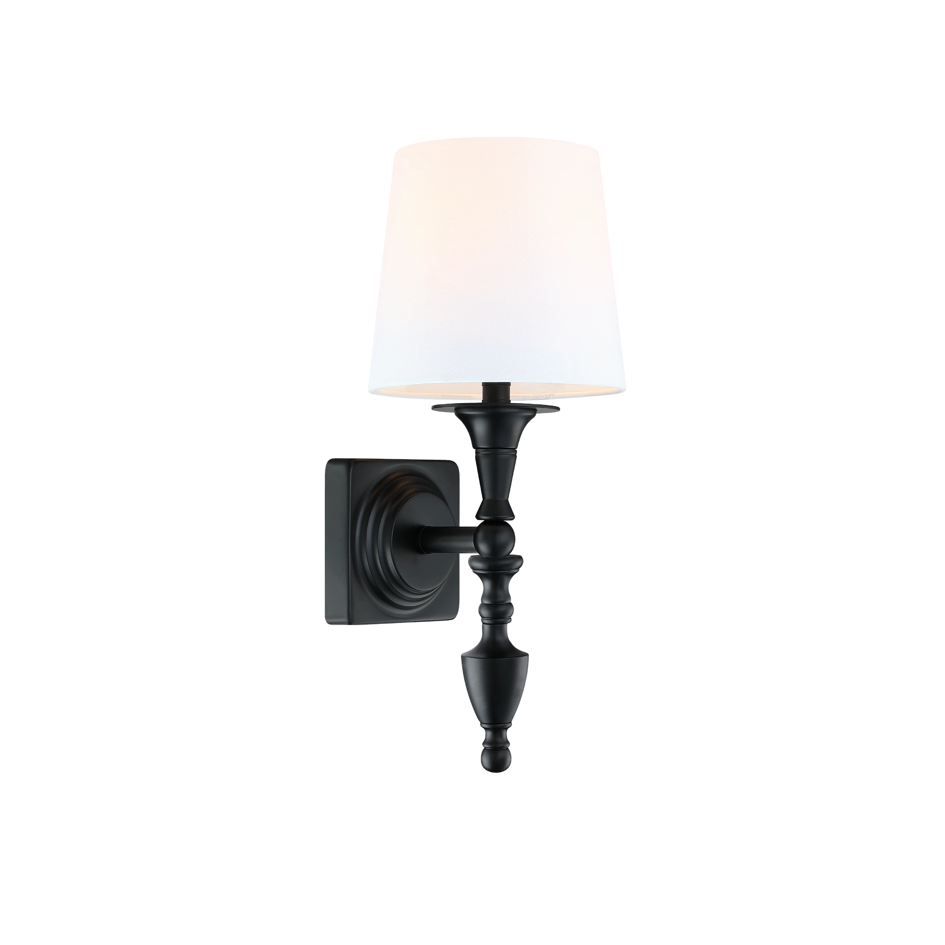 Kinkiet Fresco w kolorze matowego czarnego, z białym kloszem. Produkt wiszący, z zamontowaną podstawą na ścianie. Klosz o prostym, cylindrycznym kształcie, materiał - metal i tworzywo. Jego wymiary to 15x17x36 cm.